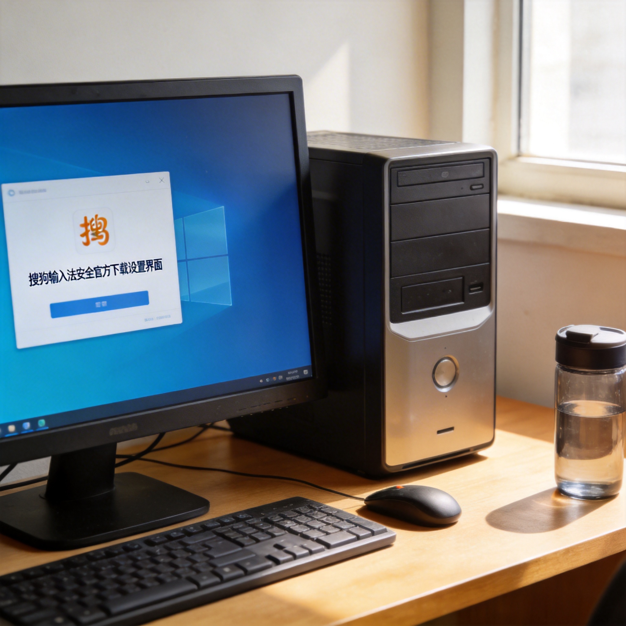 书桌上的主机，屏幕显示搜狗输入法安全官方下载设置界面，桌角放着水杯，自然光