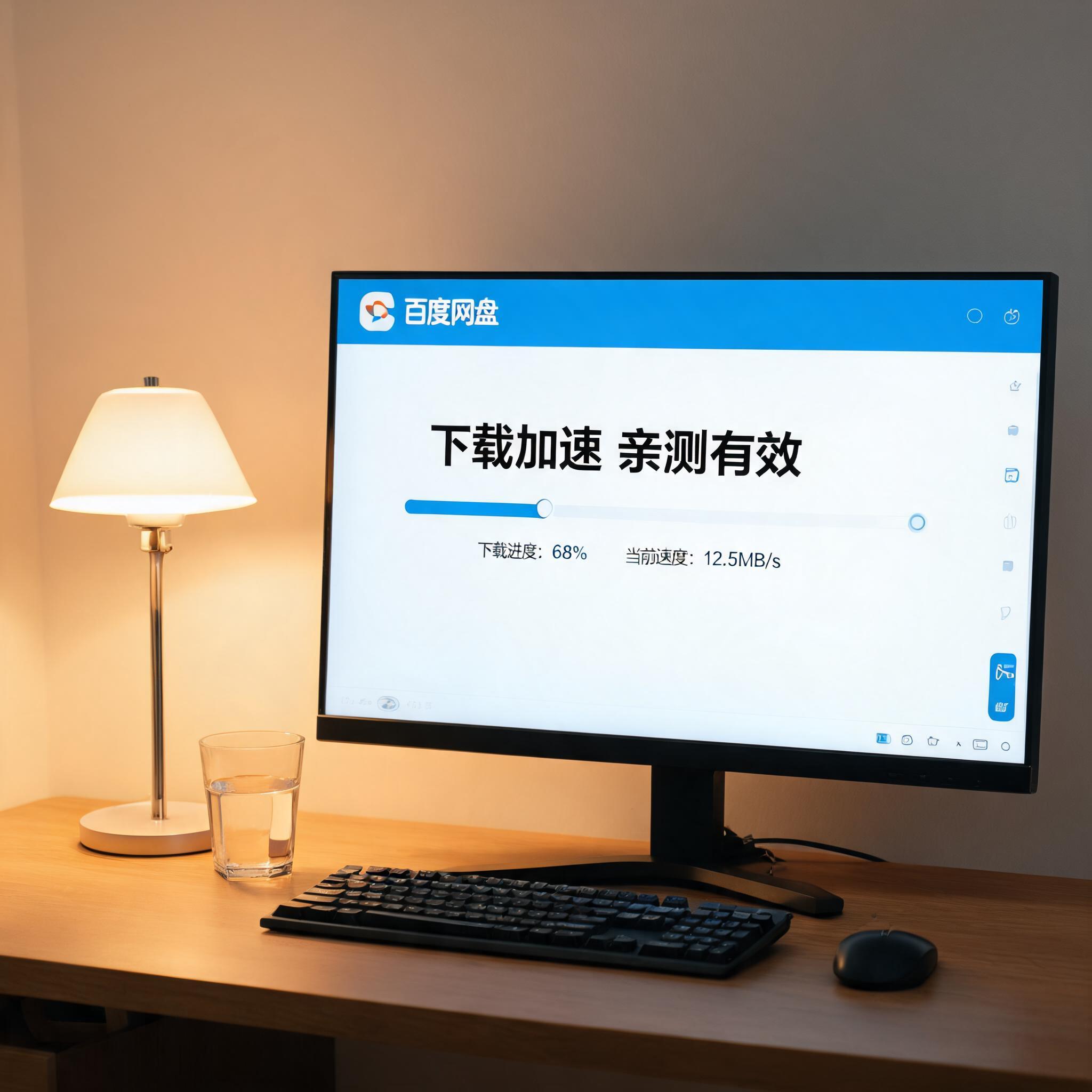 电脑桌上的电脑，屏幕显示百度网盘下载加速亲测有效界面，旁边放着台灯