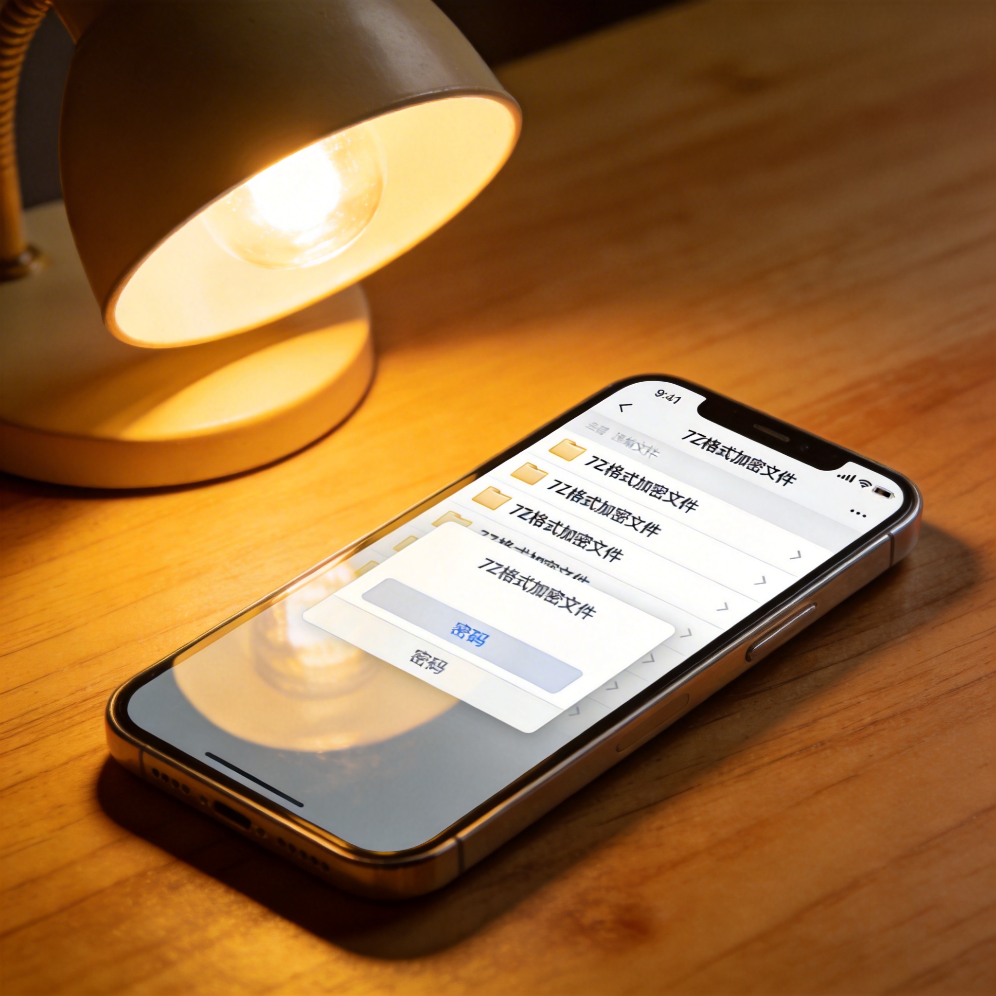 桌面的智能手机，屏幕显示手机文件压缩解压缩软件界面，列表里有7Z格式的加密文件，界面弹出密码输入框，台灯暖光