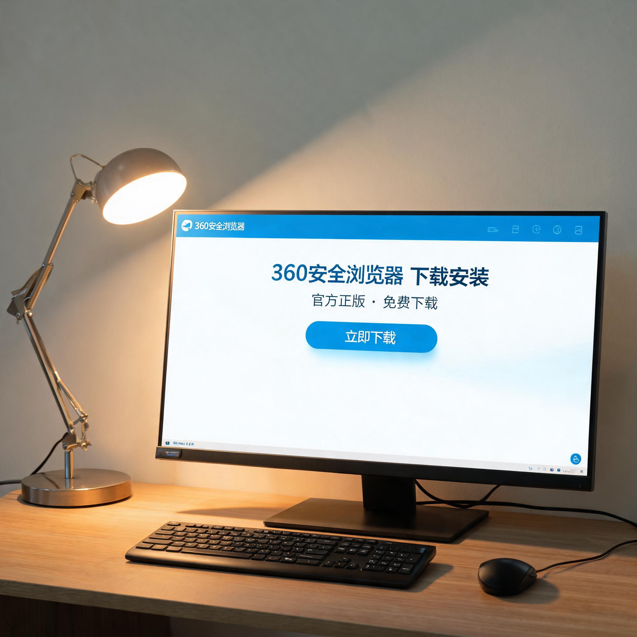 电脑桌上的电脑，屏幕显示360 安全浏览器怎么下载安装界面，旁边放着台灯