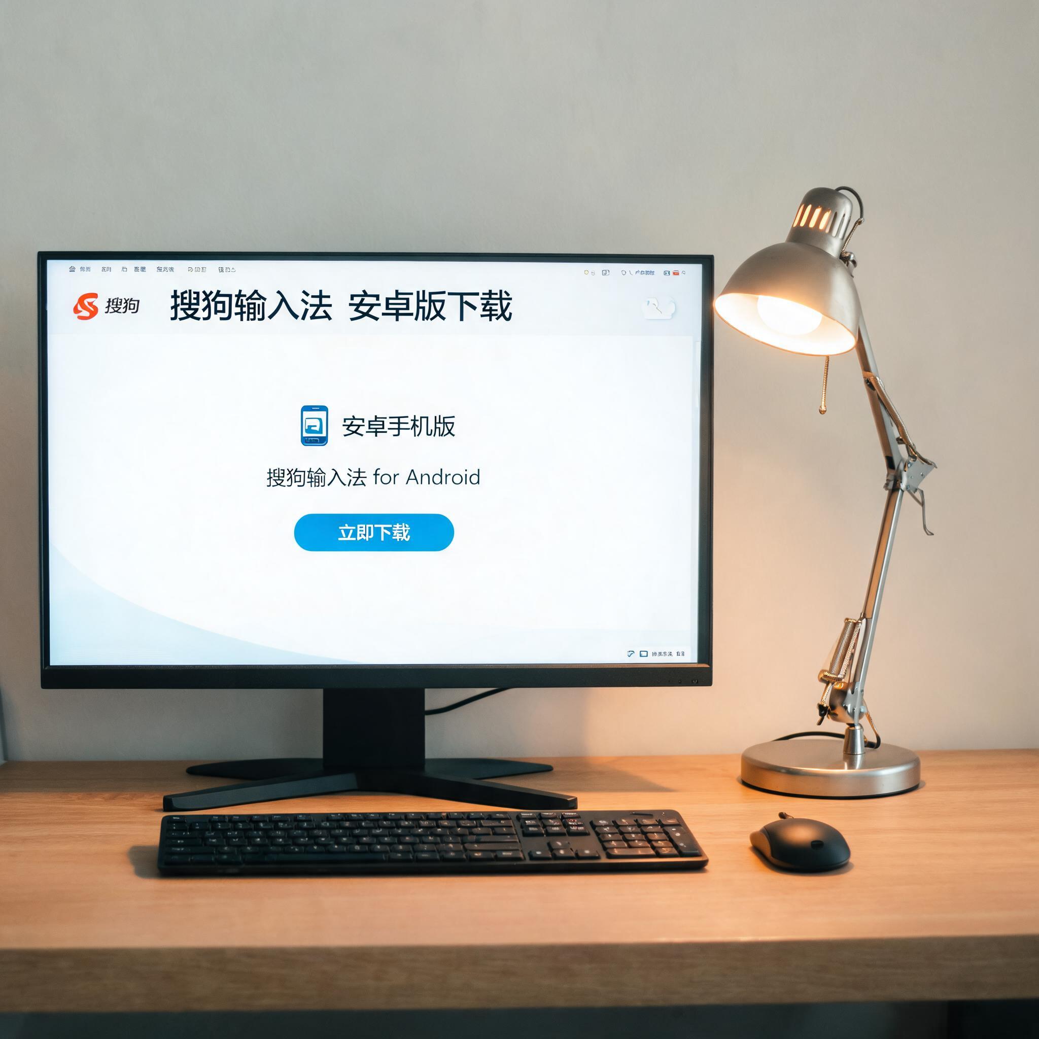 电脑桌上的电脑，屏幕显示搜狗输入法安卓版下载界面，旁边放着台灯