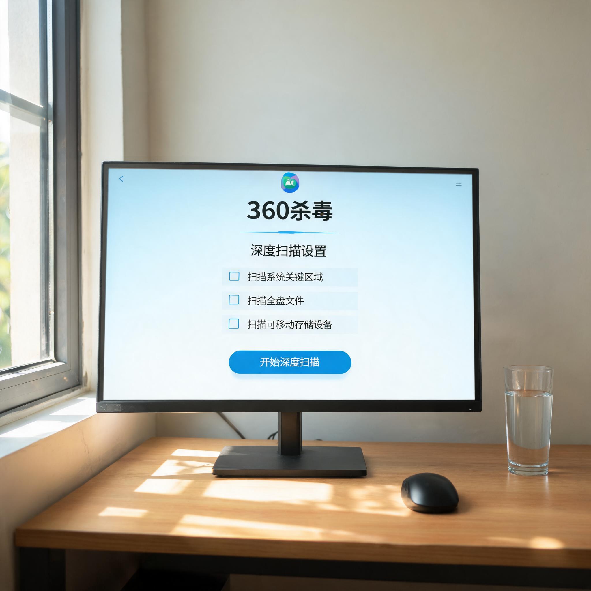 书桌上的电脑，屏幕显示360 杀毒软件深度扫描设置界面，桌角放着水杯，自然光