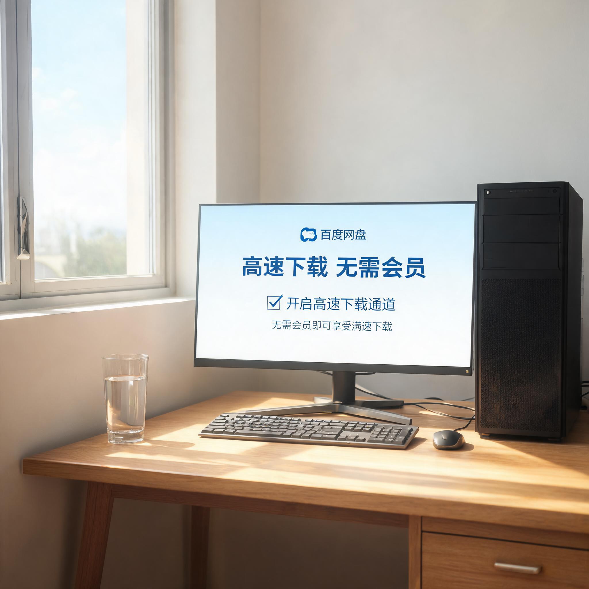 书桌上的主机，屏幕显示百度网盘高速下载无需会员设置界面，桌角放着水杯，自然光