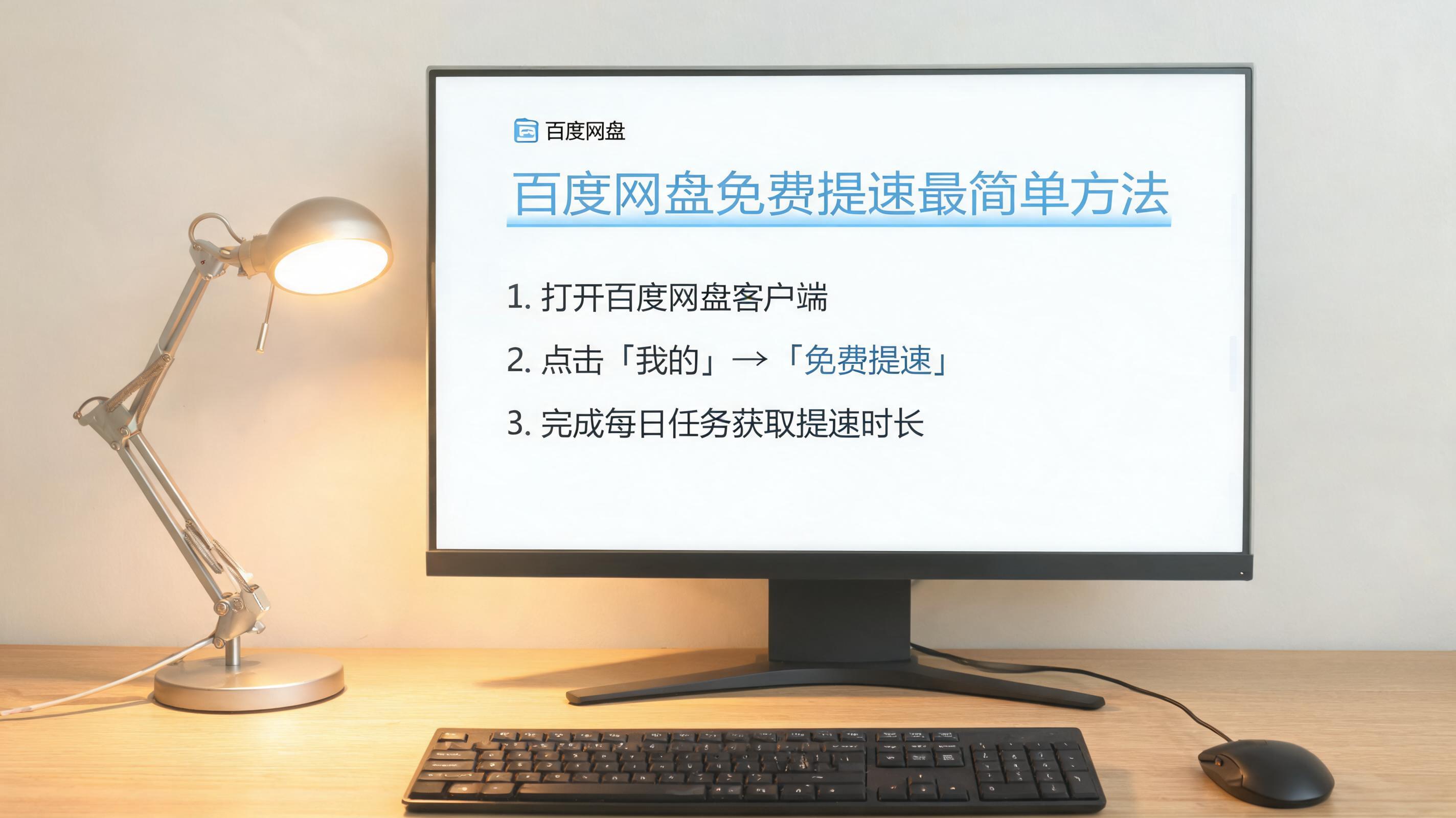 电脑桌上的电脑，屏幕显示百度网盘免费提速最简单方法界面，旁边放着台灯
