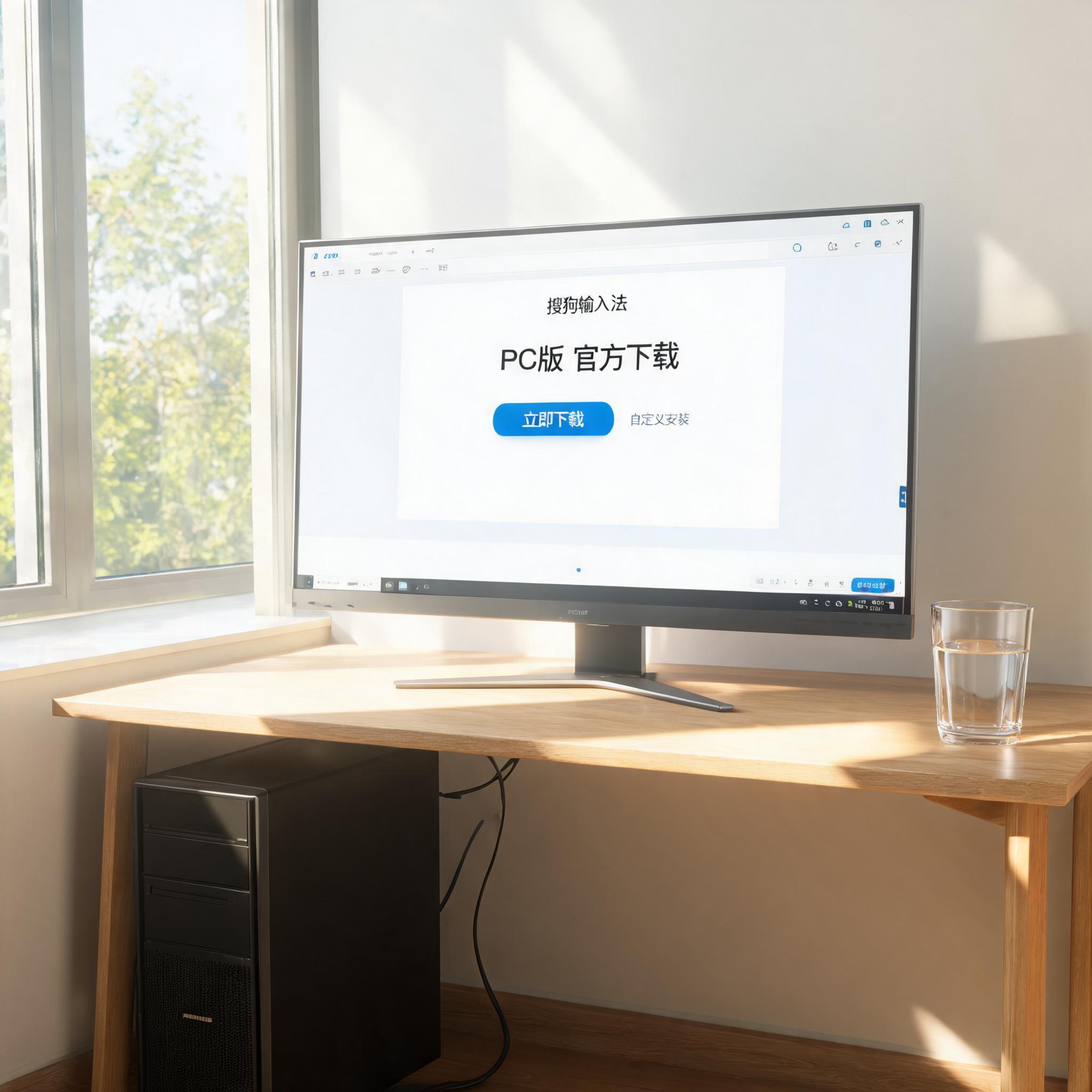 书桌上的主机，屏幕显示PC 端搜狗输入法官方下载设置界面，桌角放着水杯，自然光