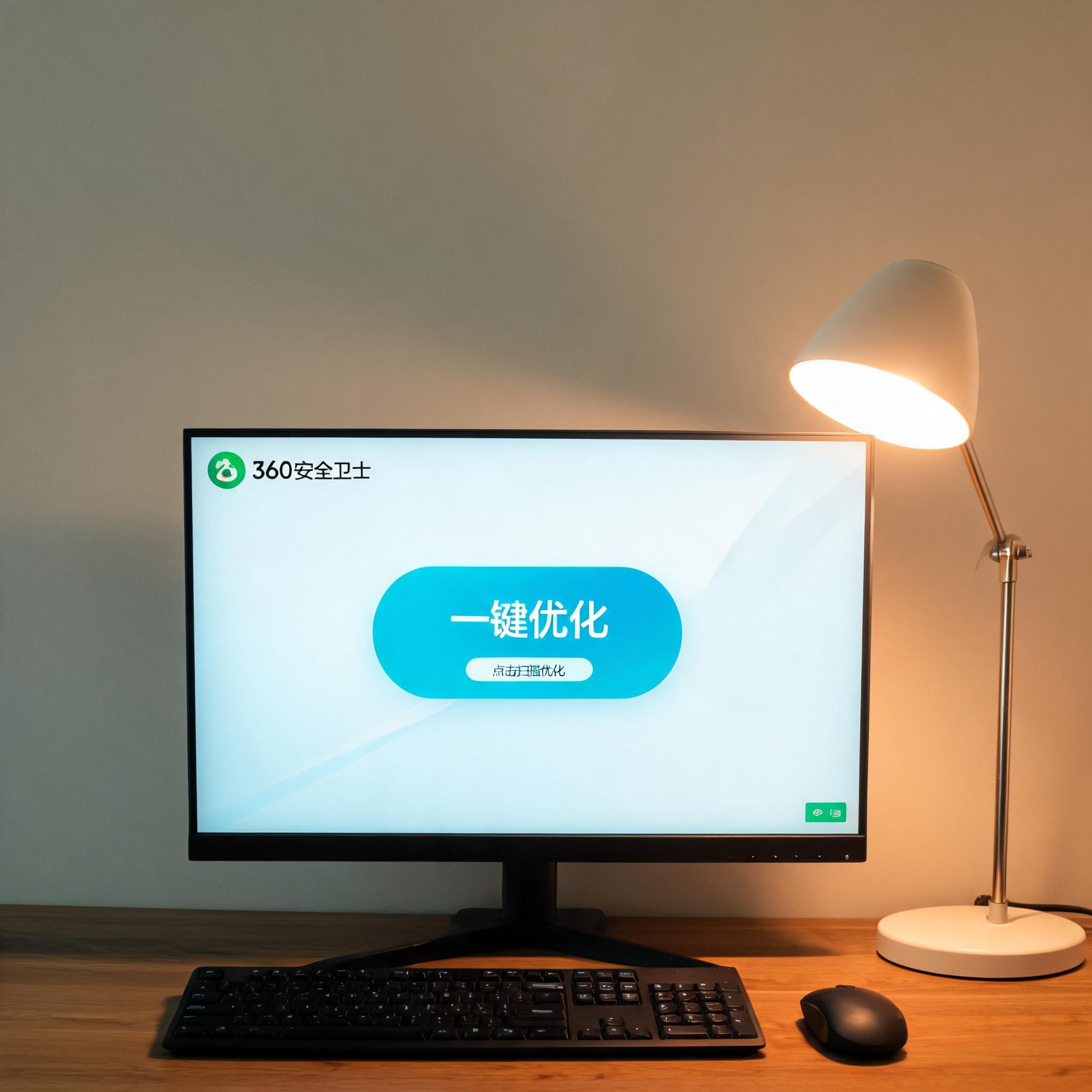 电脑桌上的电脑，屏幕显示360 卫士一键优化功能界面，旁边放着台灯