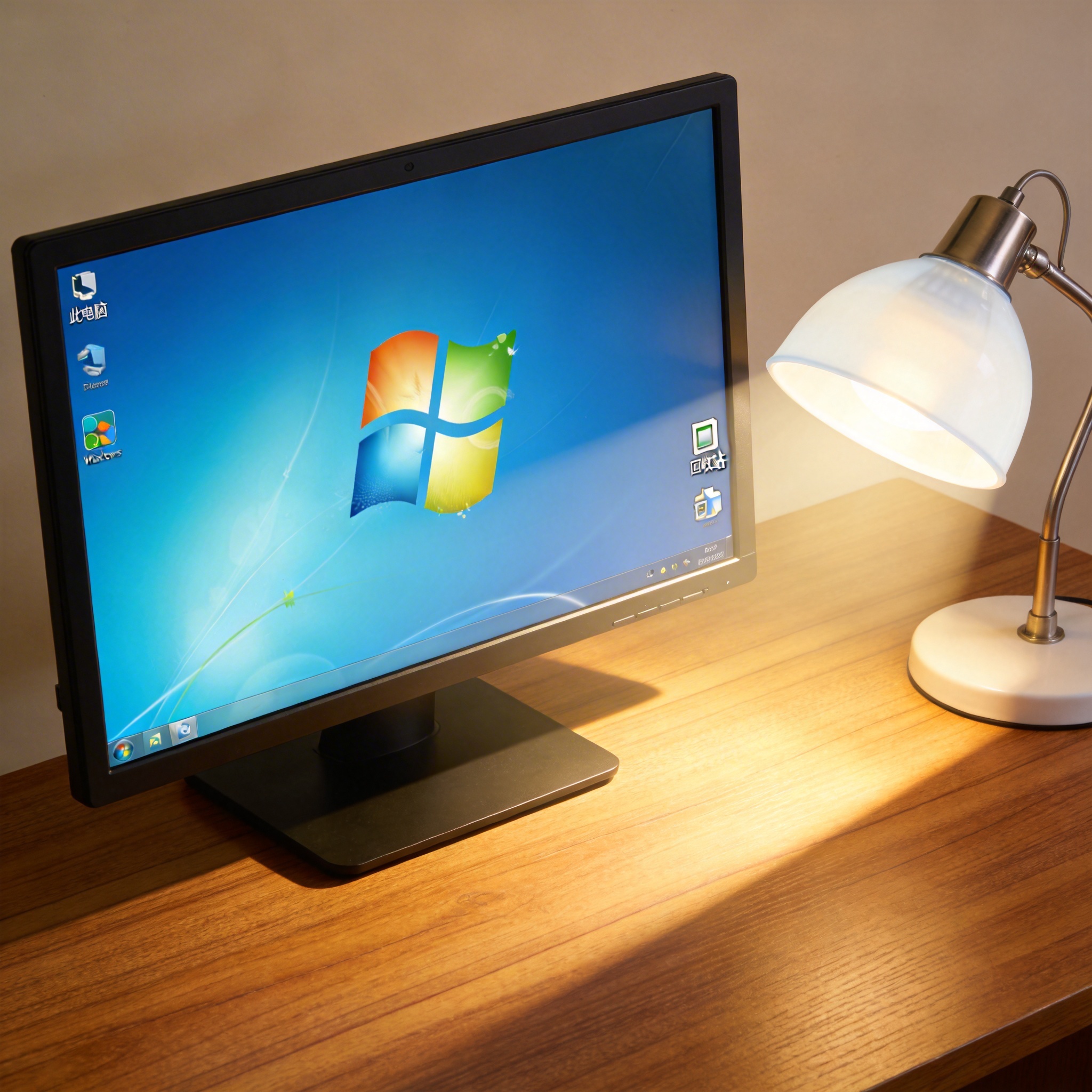 电脑桌上的电脑，屏幕显示Windows窗口，旁边放着台灯