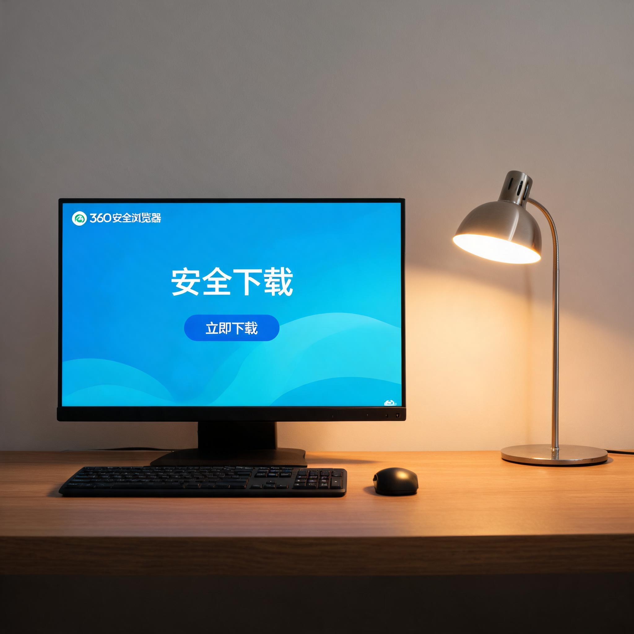 电脑桌上的电脑，屏幕显示360 安全浏览器安全下载界面，旁边放着台灯