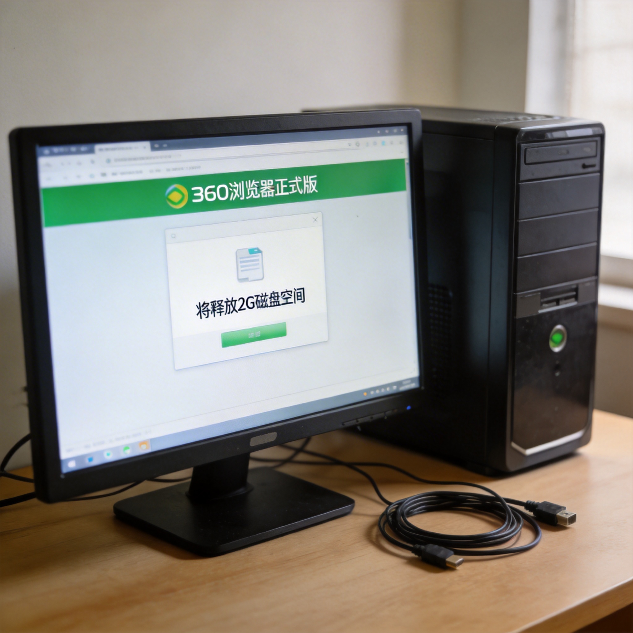 台式机电脑，屏幕显示360浏览器正式版的清理浏览数据界面，显示将释放2G磁盘空间，机箱旁有数据线，室内自然光