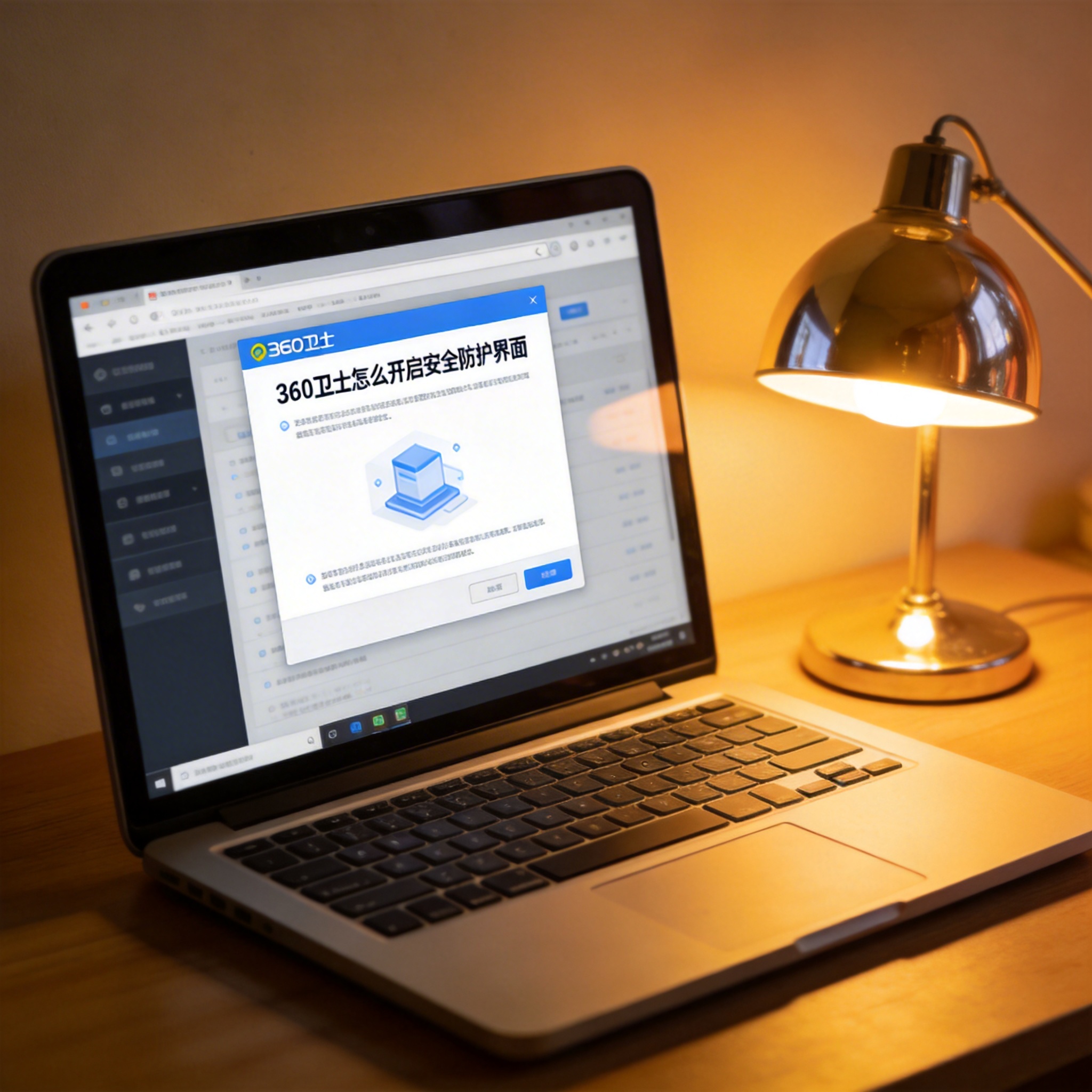 电脑桌上的电脑，屏幕显示360 卫士怎么开启安全防护界面，旁边放着台灯