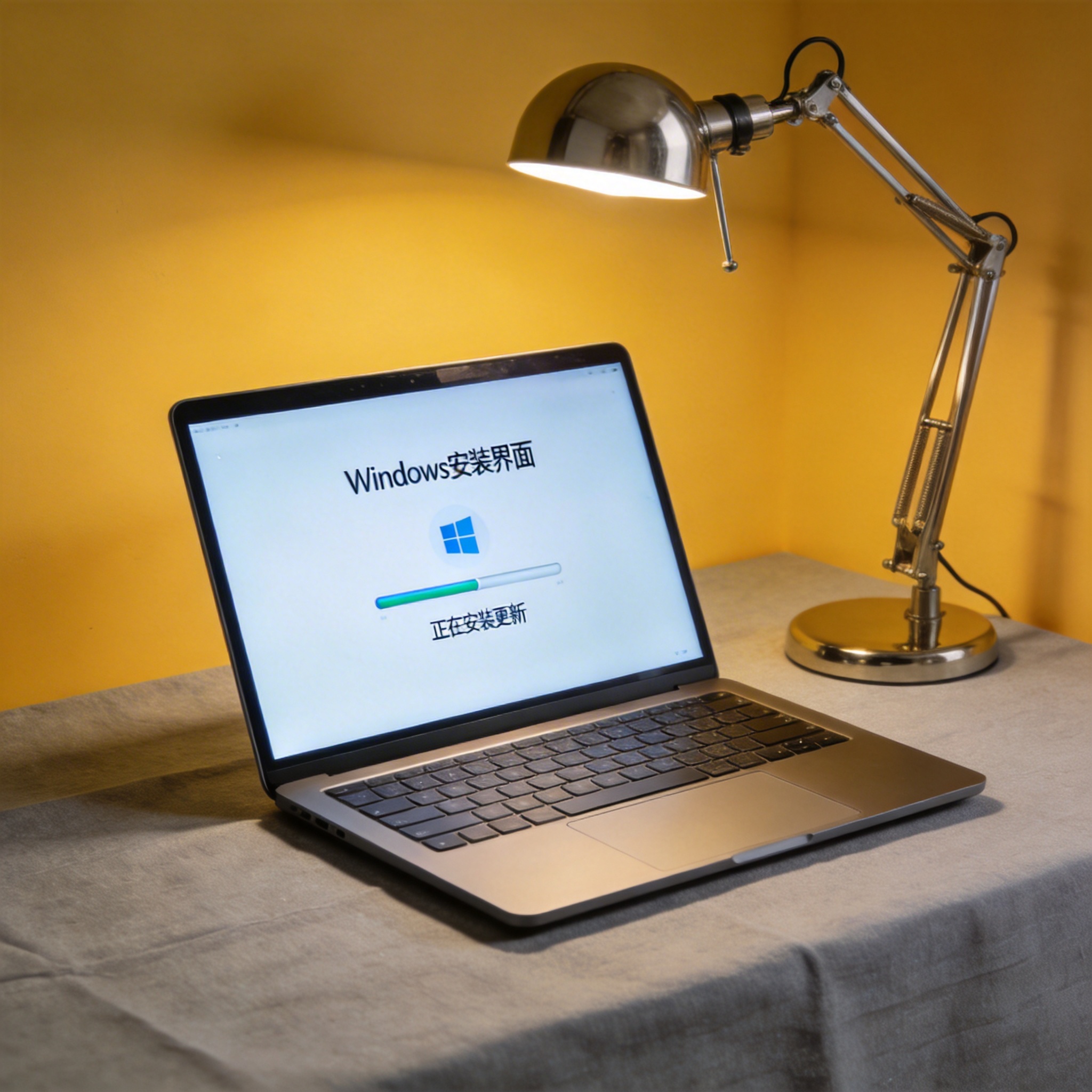 电脑桌上的电脑，屏幕显示Windows安装界面，旁边放着台灯