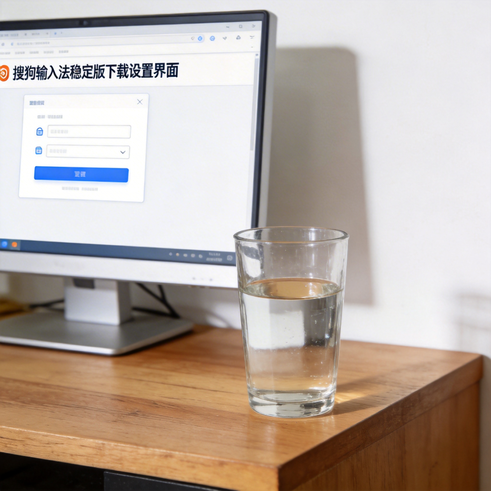 书桌上的主机，屏幕显示搜狗输入法稳定版下载设置界面，桌角放着水杯，自然光