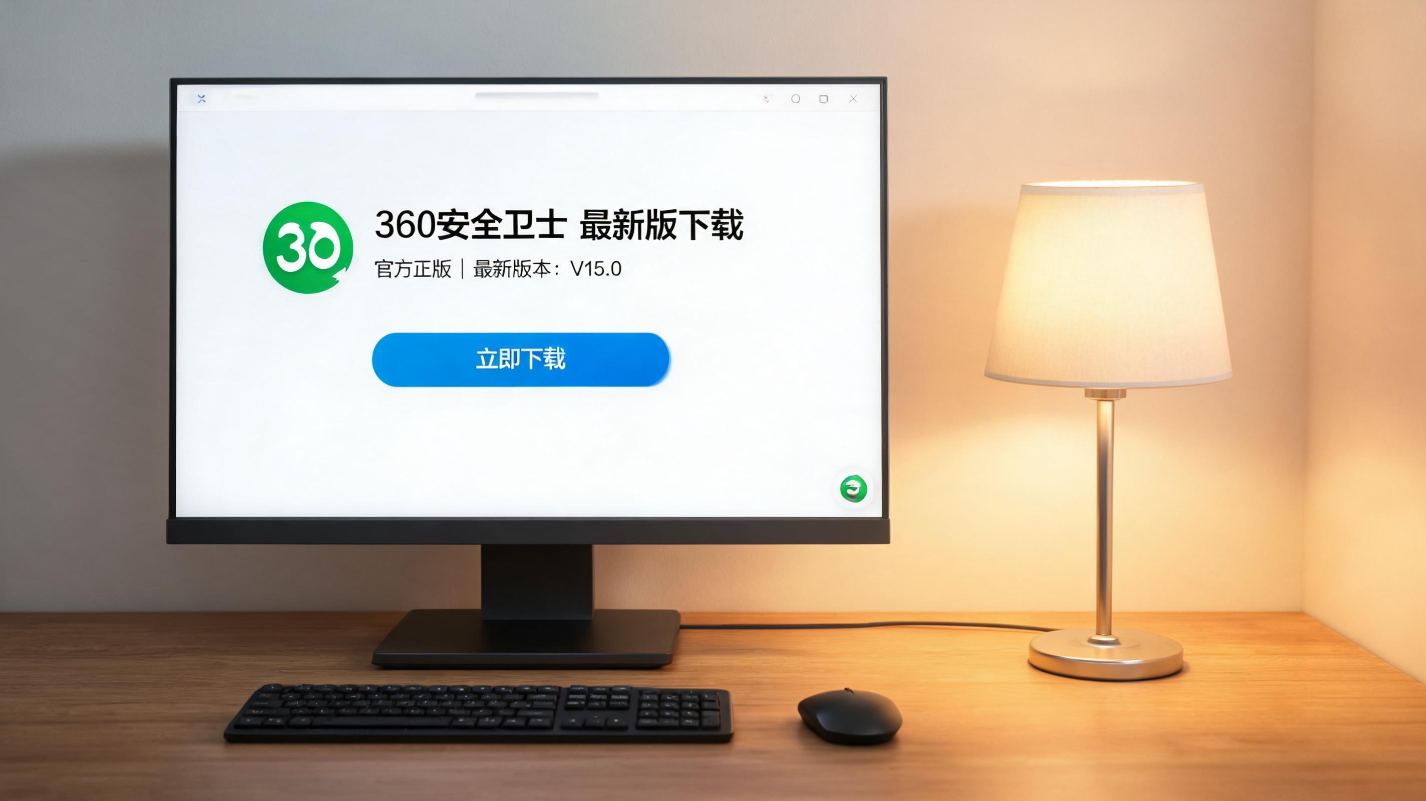 电脑桌上的电脑，屏幕显示360 卫士最新版下载界面，旁边放着台灯