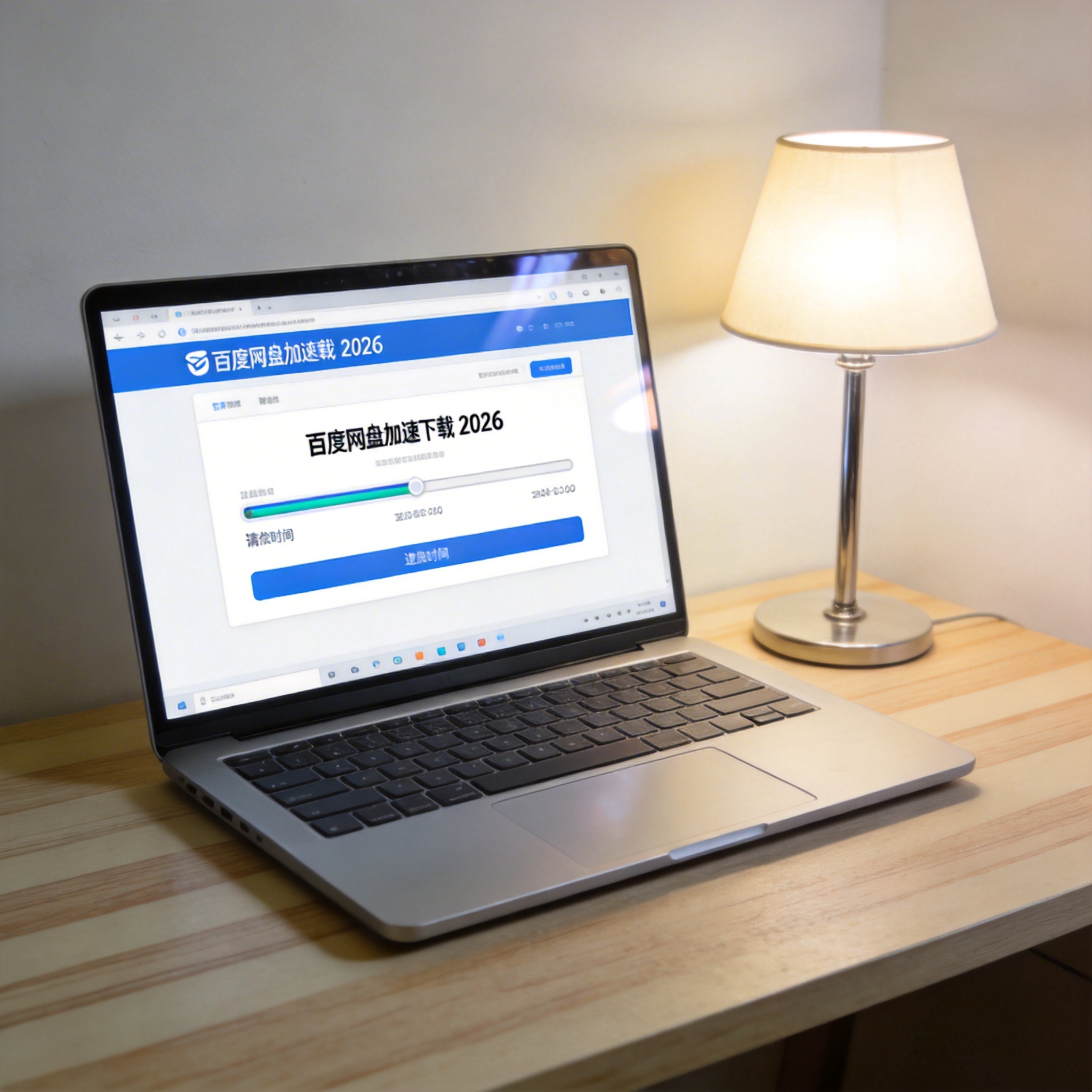 电脑桌上的电脑，屏幕显示百度网盘加速下载 2026界面，旁边放着台灯