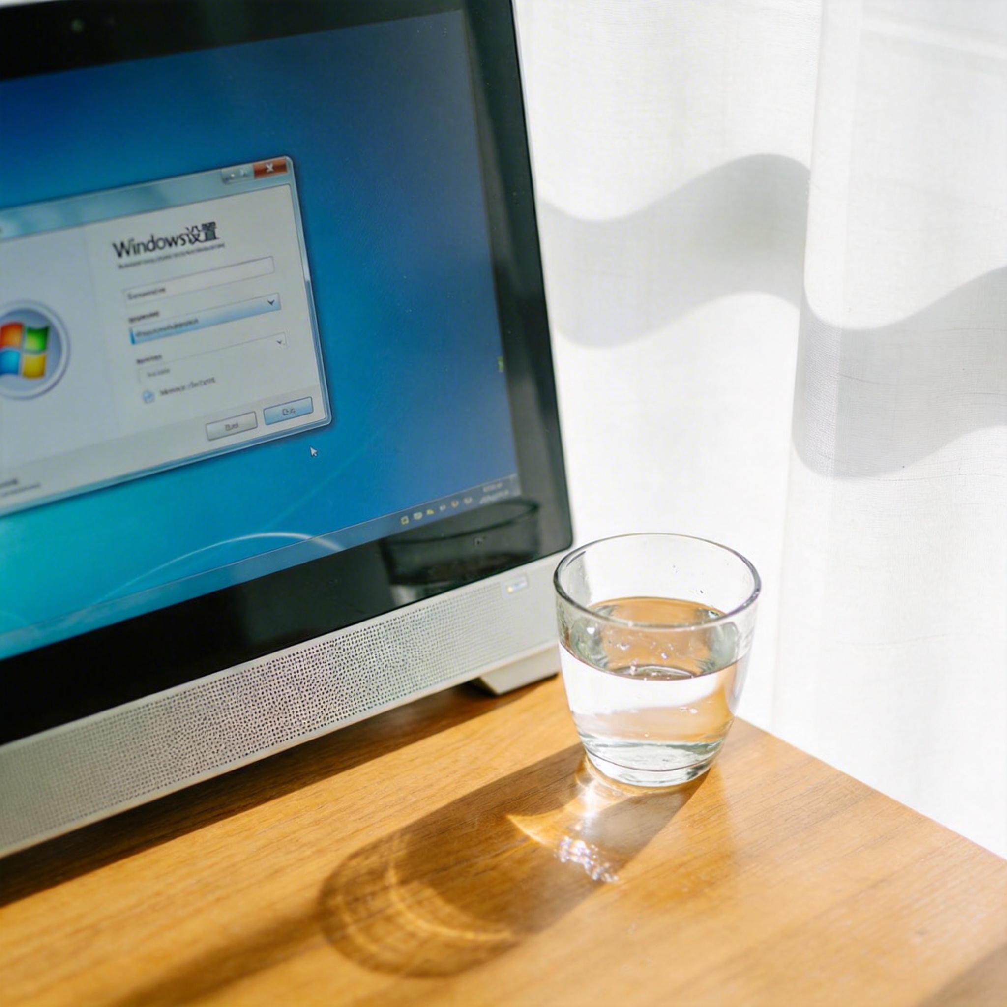 书桌上的主机，屏幕显示Windows设置界面，桌角放着水杯，自然光