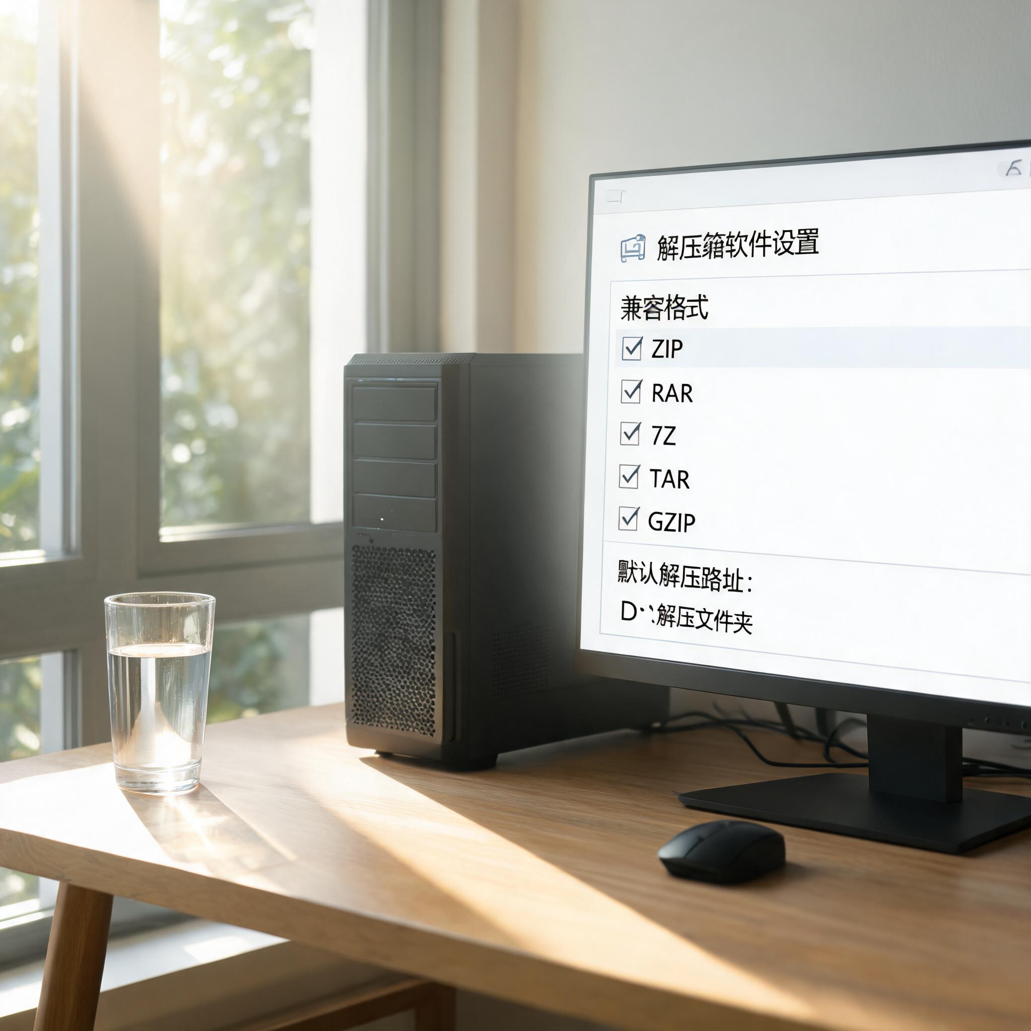 书桌上的主机，屏幕显示多格式兼容解压缩软件设置界面，桌角放着水杯，自然光