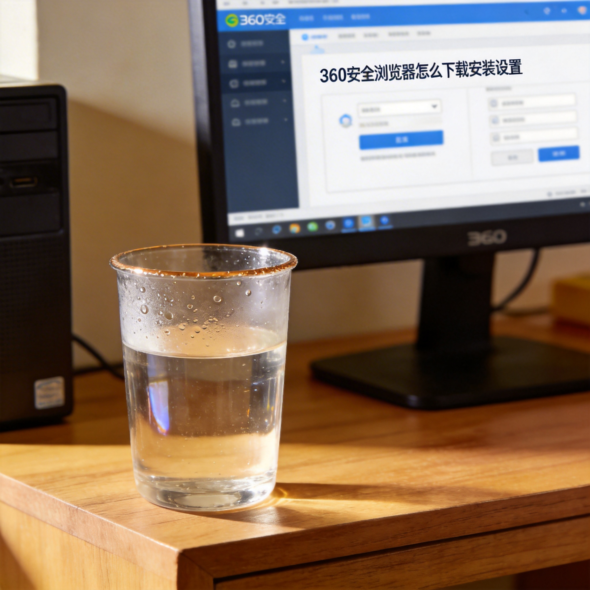 书桌上的主机，屏幕显示360 安全浏览器怎么下载安装设置界面，桌角放着水杯，自然光