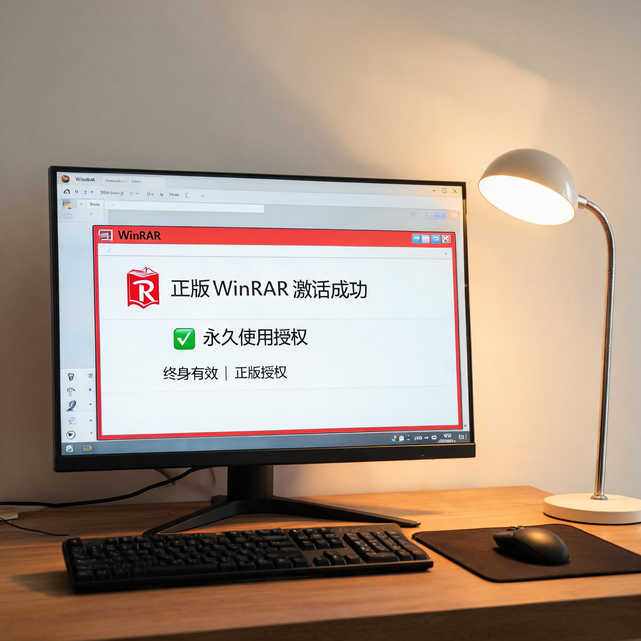 电脑桌上的电脑，屏幕显示正版 winrar 解压缩永久使用界面，旁边放着台灯