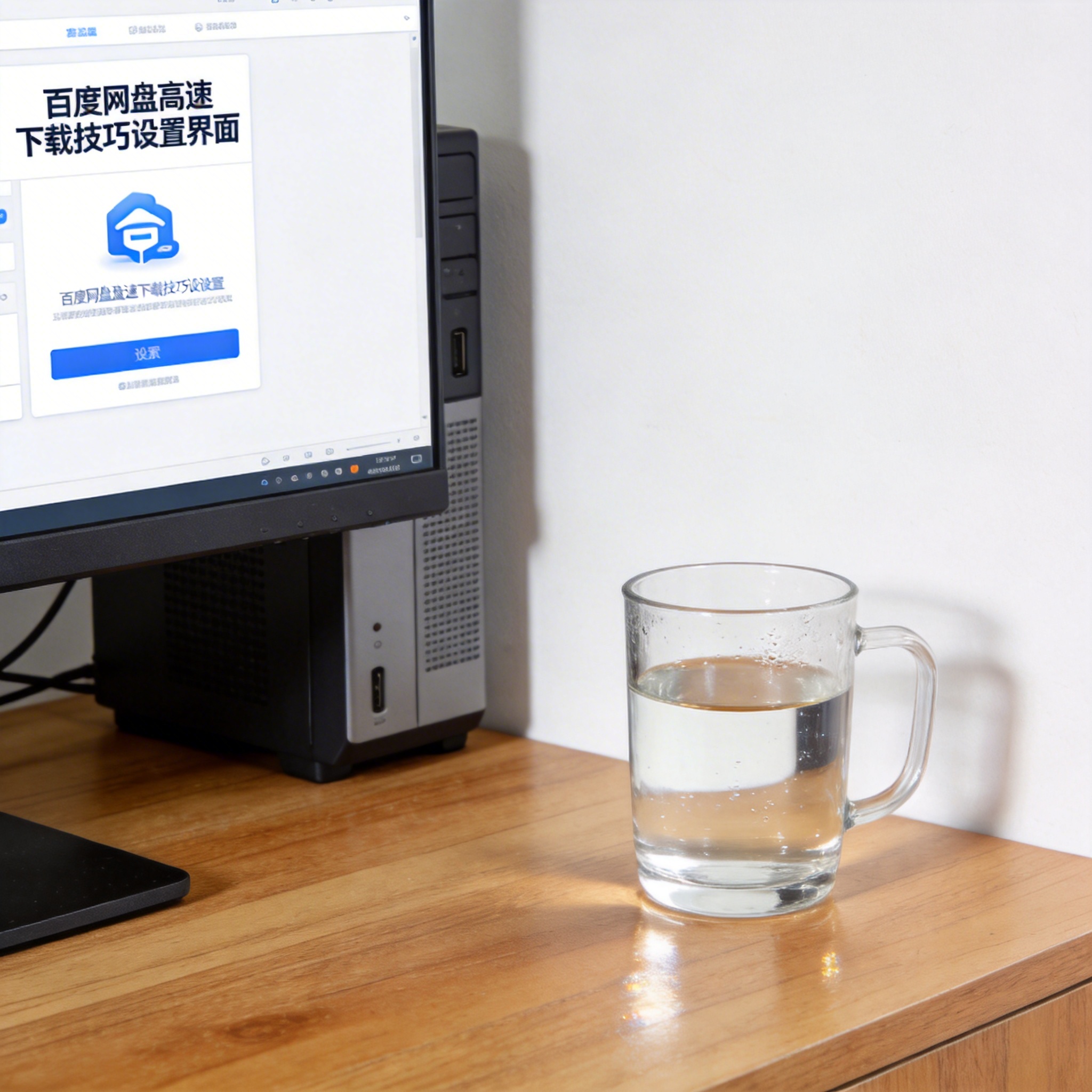 书桌上的主机，屏幕显示百度网盘高速下载技巧设置界面，桌角放着水杯，自然光