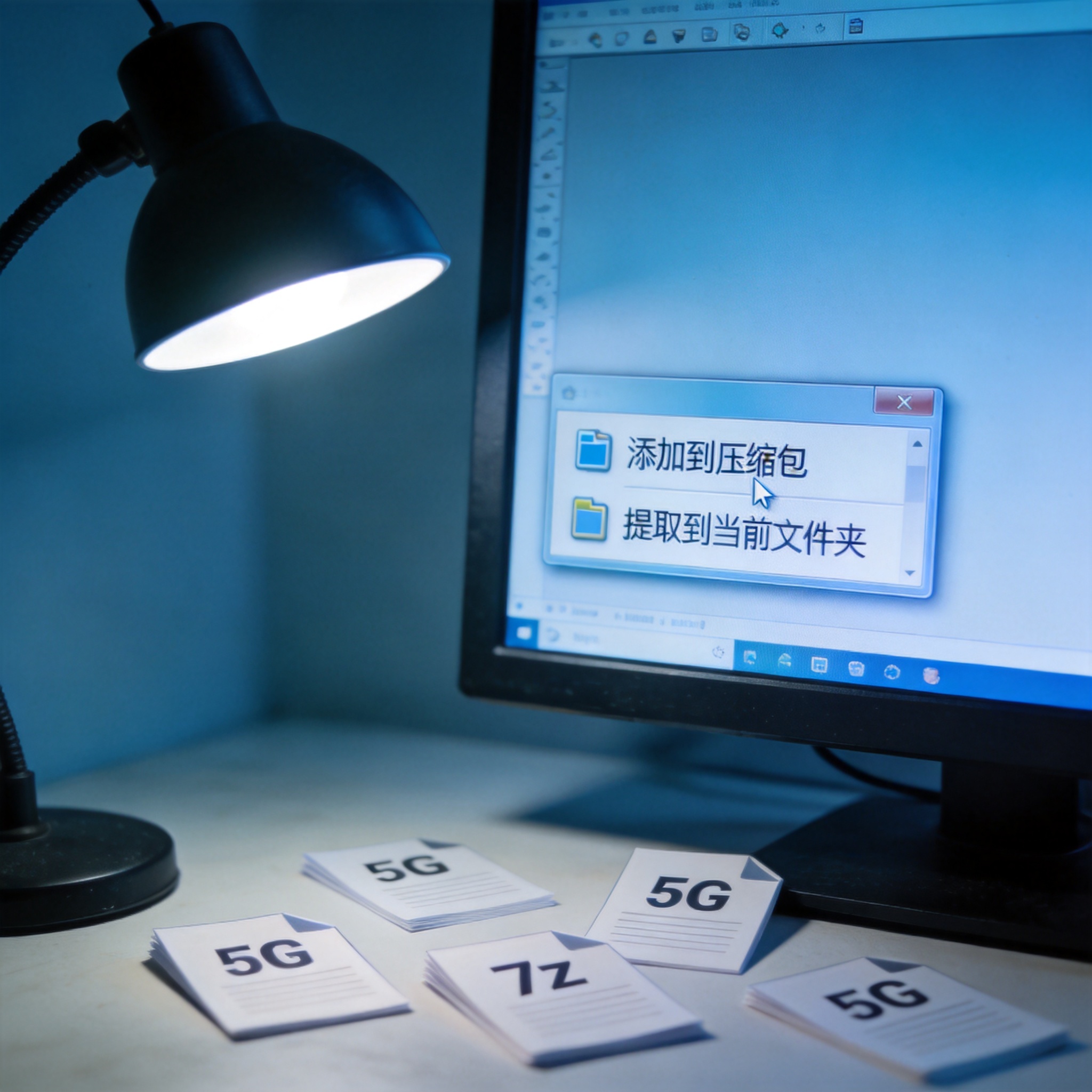 电脑屏幕显示右键菜单，菜单里有“添加到压缩包”“提取到当前文件夹”选项，桌面散落着几个标注5G的7z分卷文件，台灯冷光