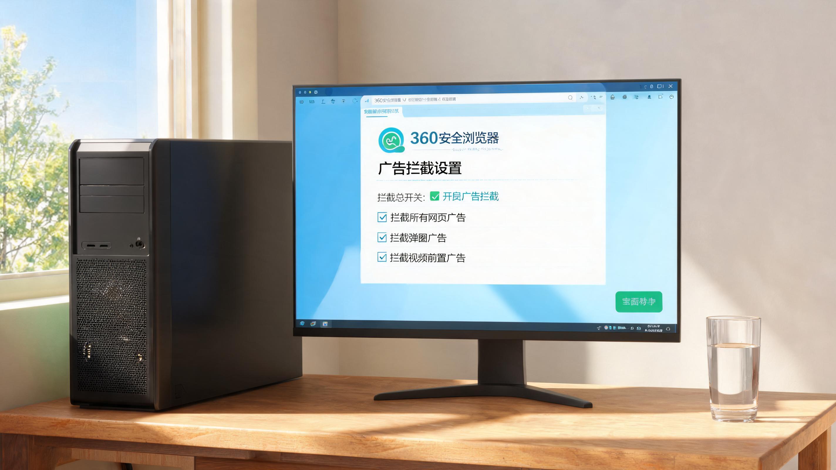 书桌上的主机，屏幕显示360 安全浏览器广告拦截设置界面，桌角放着水杯，自然光