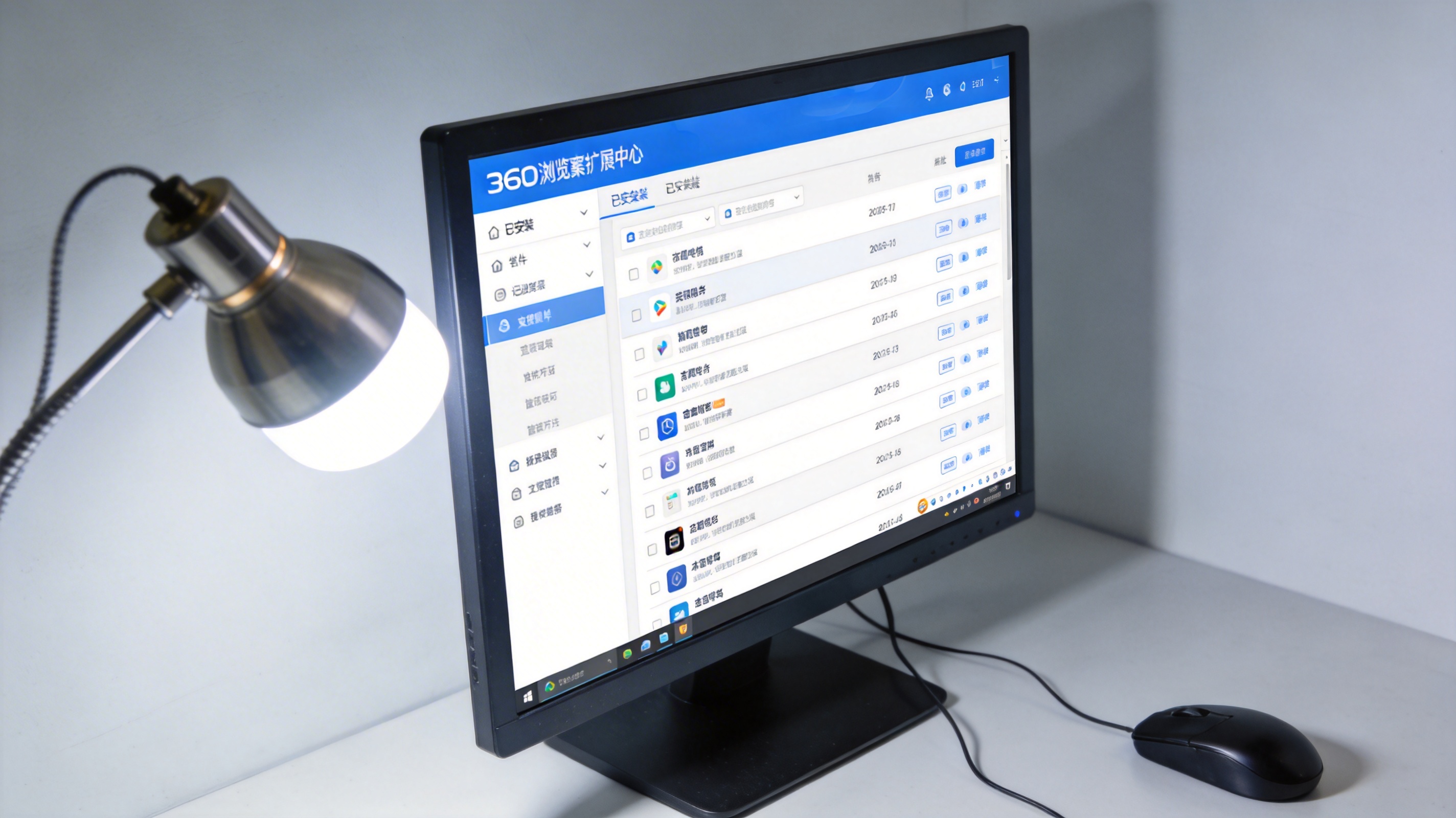 电脑屏幕显示360浏览器扩展中心界面，页面上有已安装插件列表，桌面角落放着有线鼠标，台灯冷光