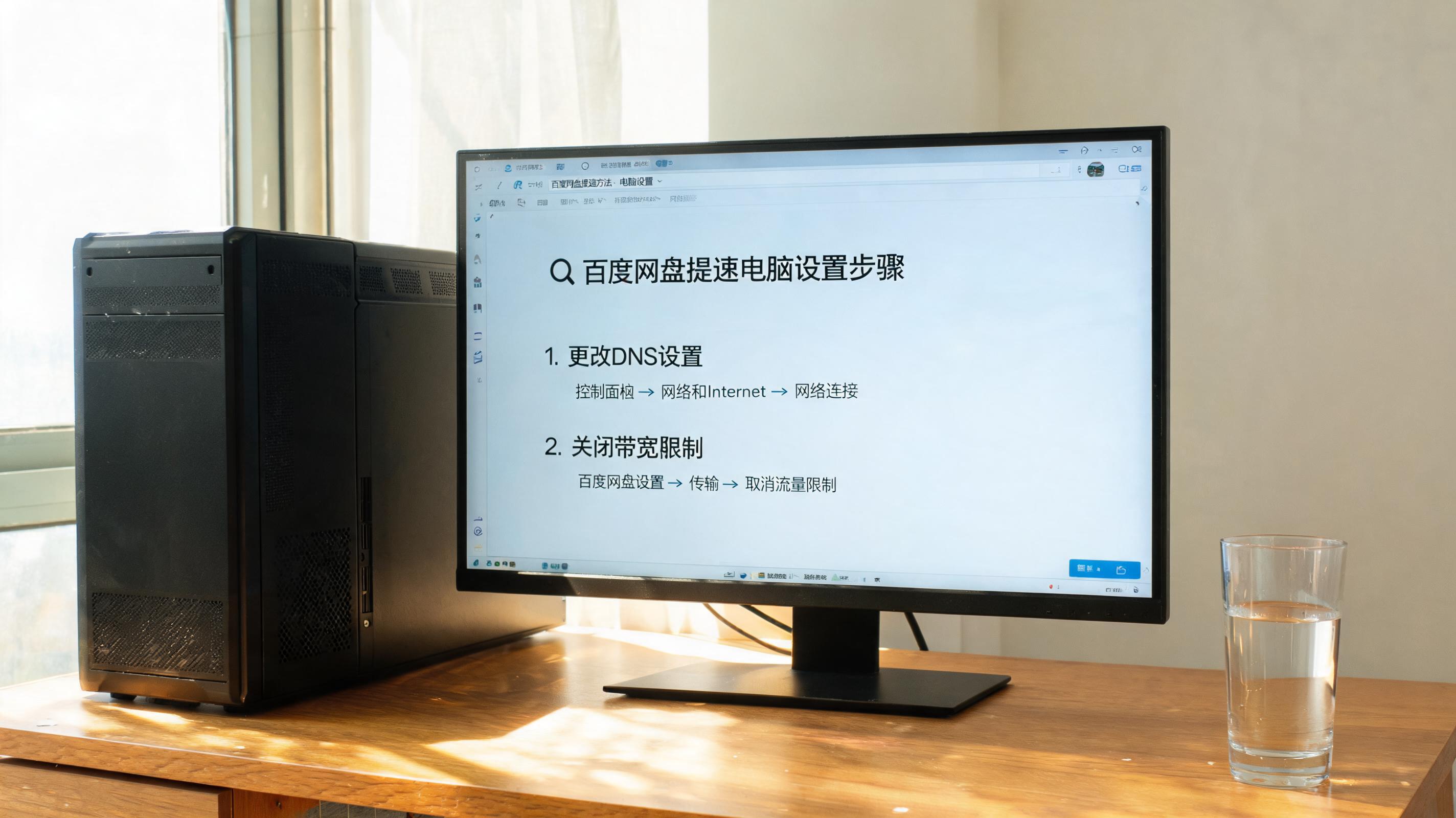 书桌上的主机，屏幕显示百度网盘提速方法电脑设置界面，桌角放着水杯，自然光