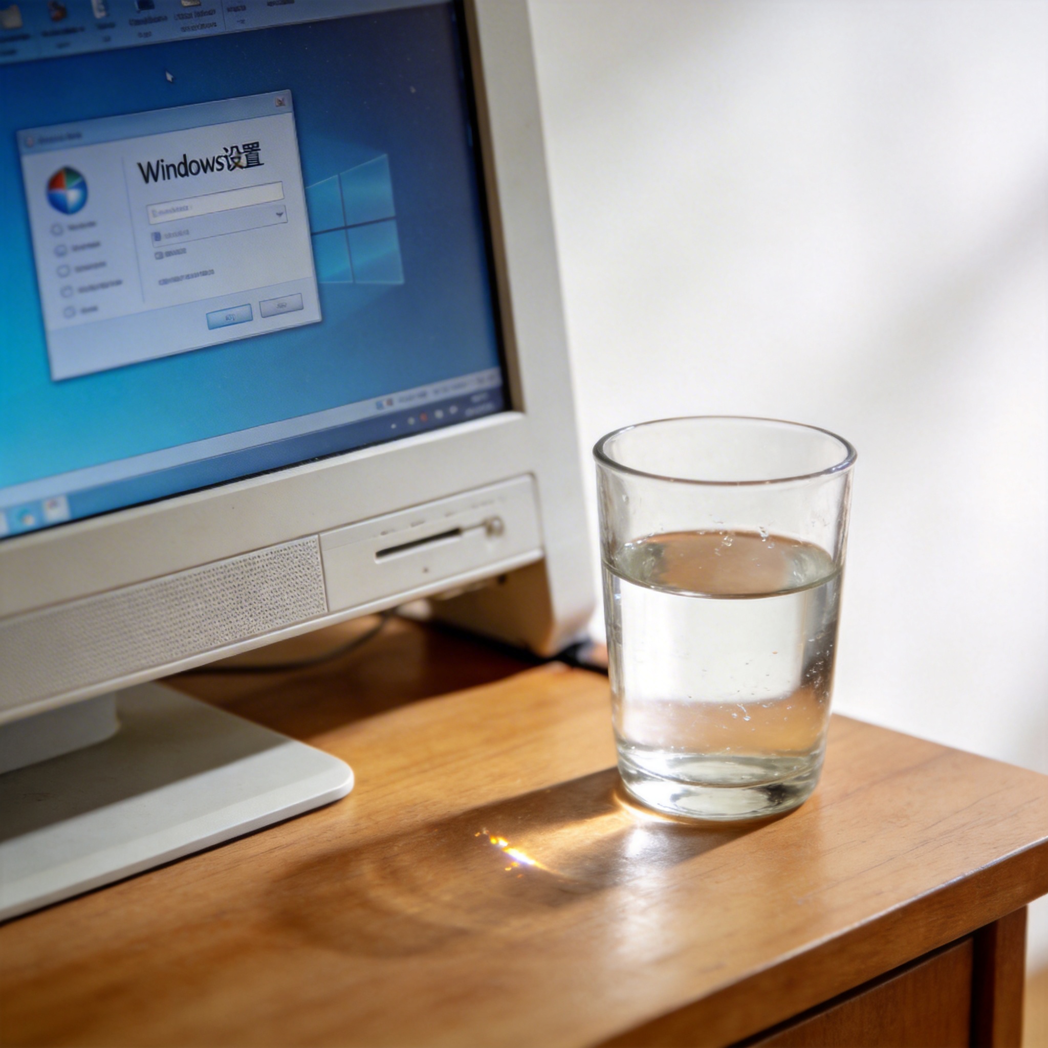 书桌上的主机，屏幕显示Windows设置界面，桌角放着水杯，自然光