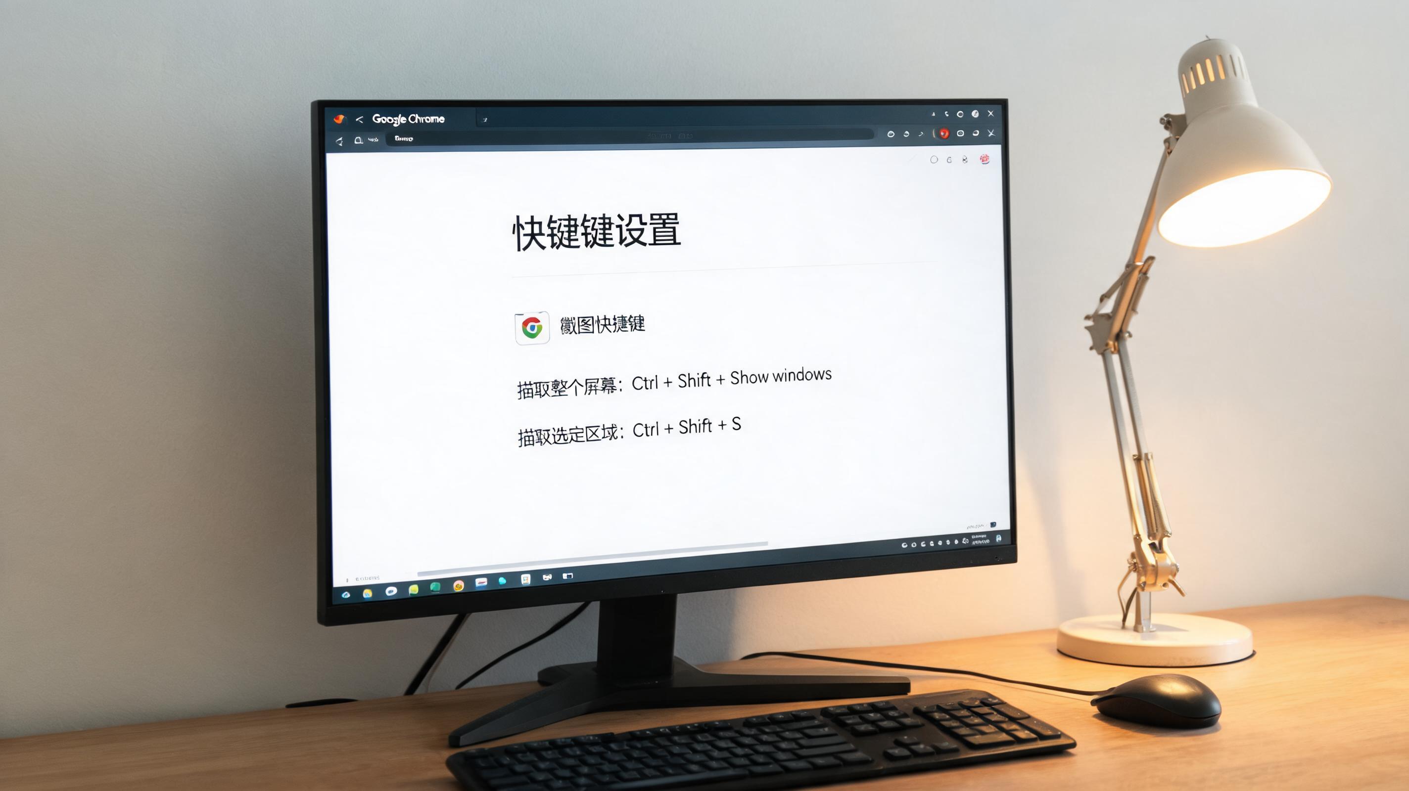 电脑桌上的电脑，屏幕显示google浏览器网页截图快捷键设置界面，旁边放着台灯