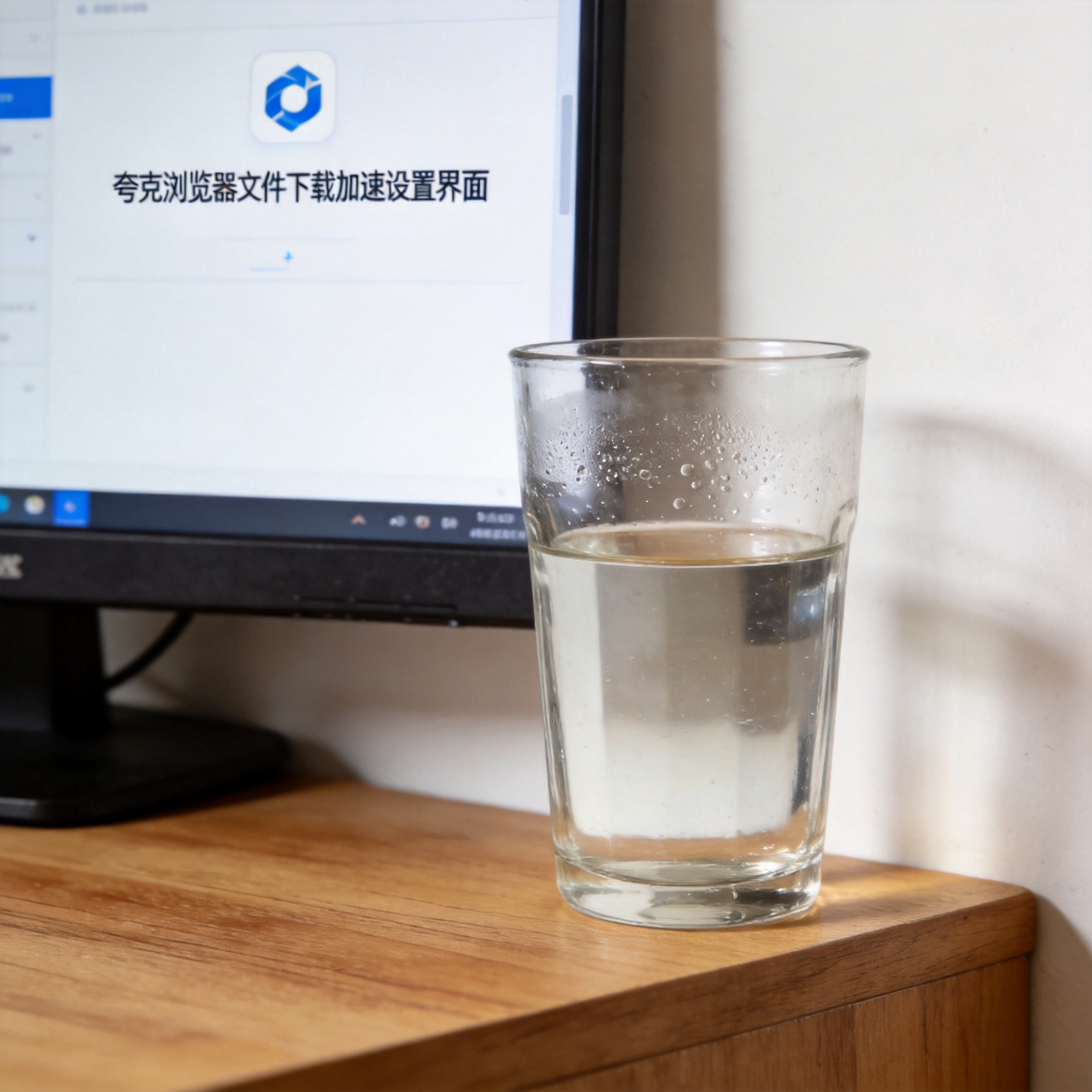 书桌上的主机，屏幕显示夸克浏览器文件下载加速设置界面，桌角放着水杯，自然光