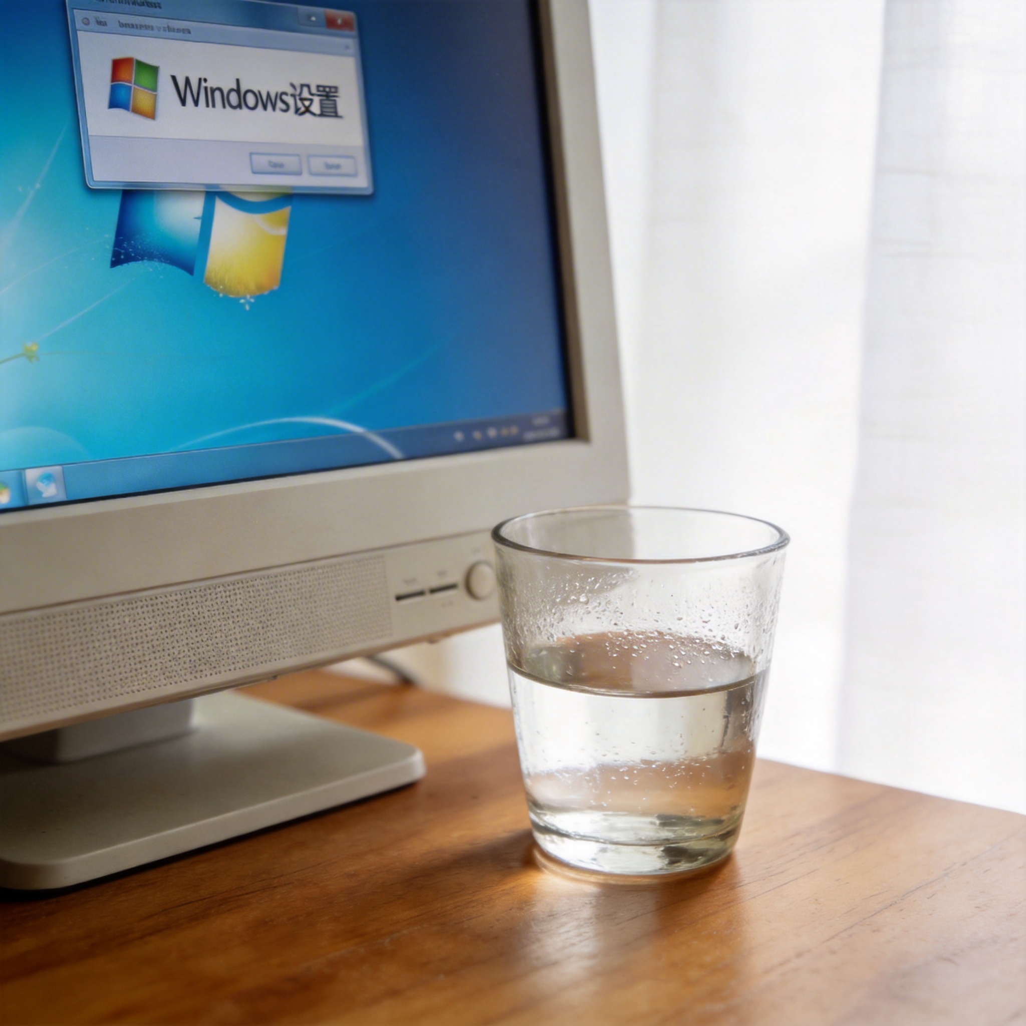 书桌上的主机，屏幕显示Windows设置界面，桌角放着水杯，自然光