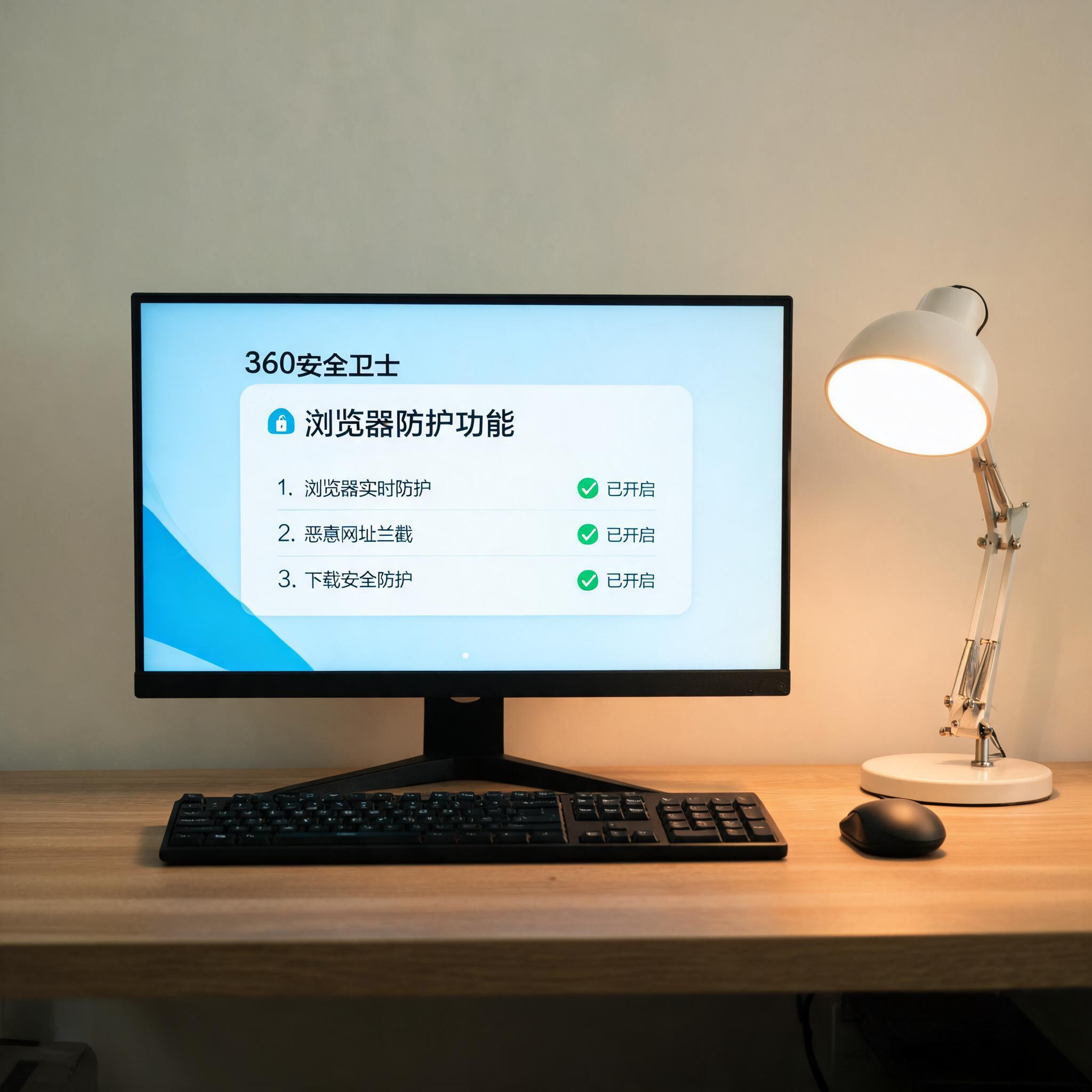 电脑桌上的电脑，屏幕显示360 卫士浏览器防护功能界面，旁边放着台灯