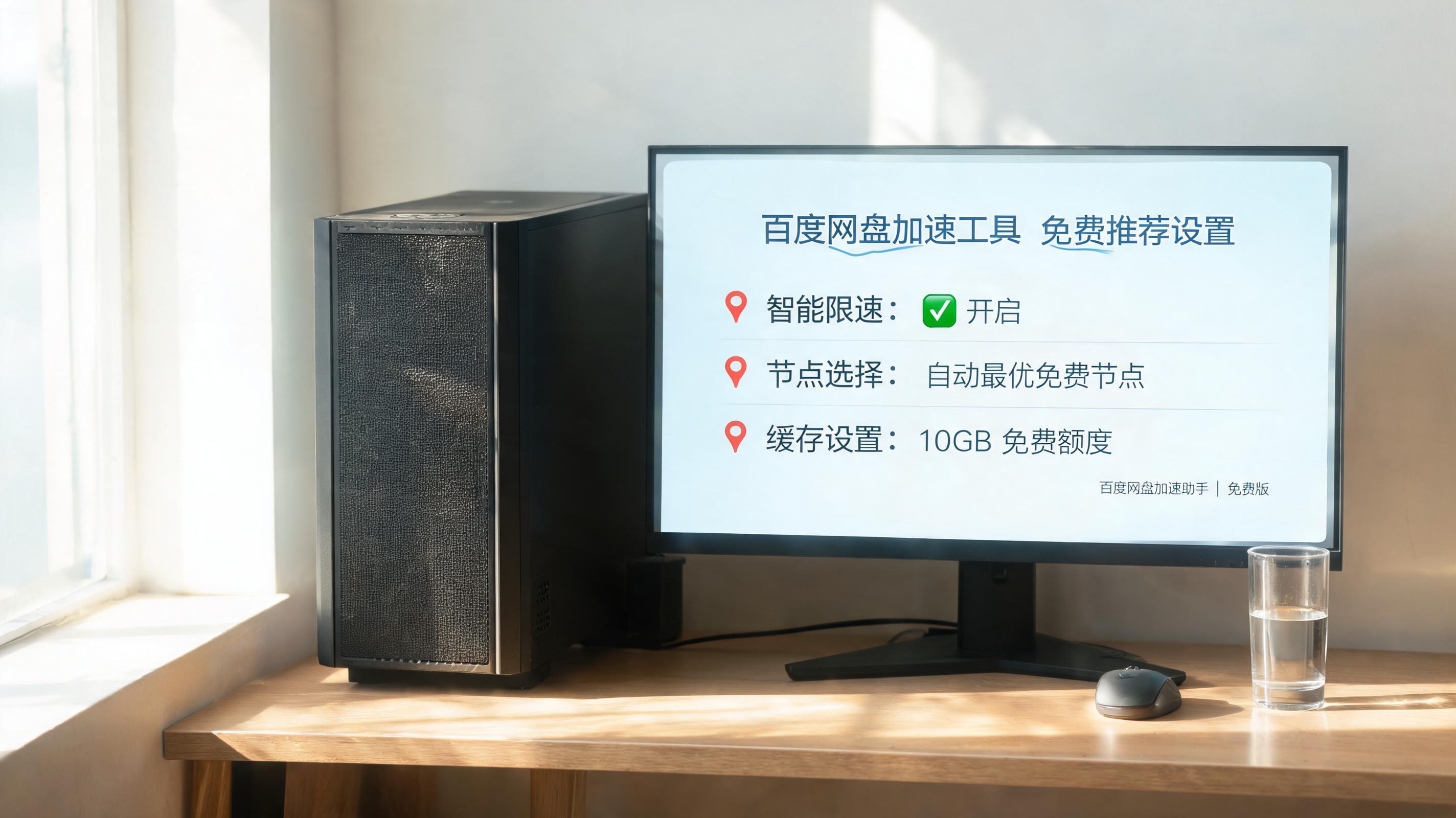 书桌上的主机，屏幕显示百度网盘加速工具免费推荐设置界面，桌角放着水杯，自然光