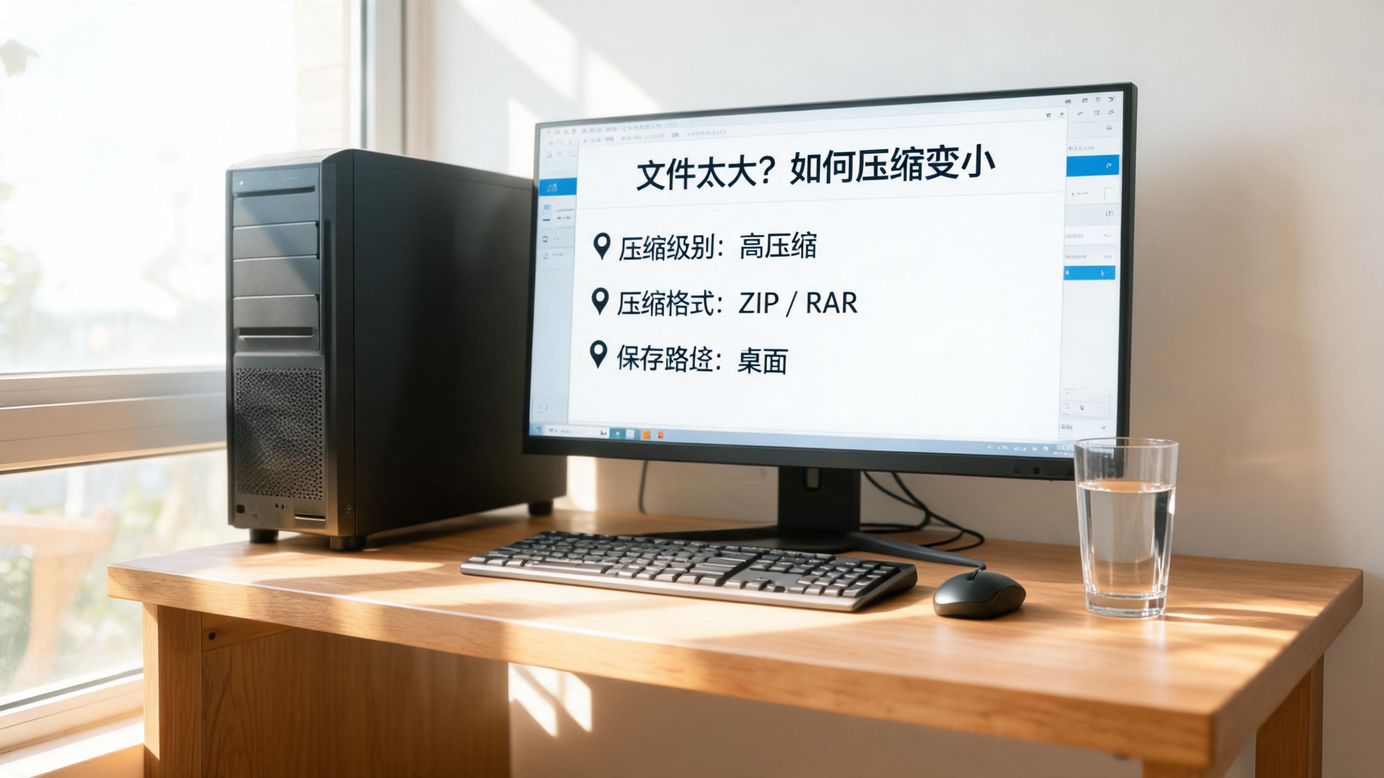 书桌上的主机，屏幕显示文件太大怎么压缩变小设置界面，桌角放着水杯，自然光