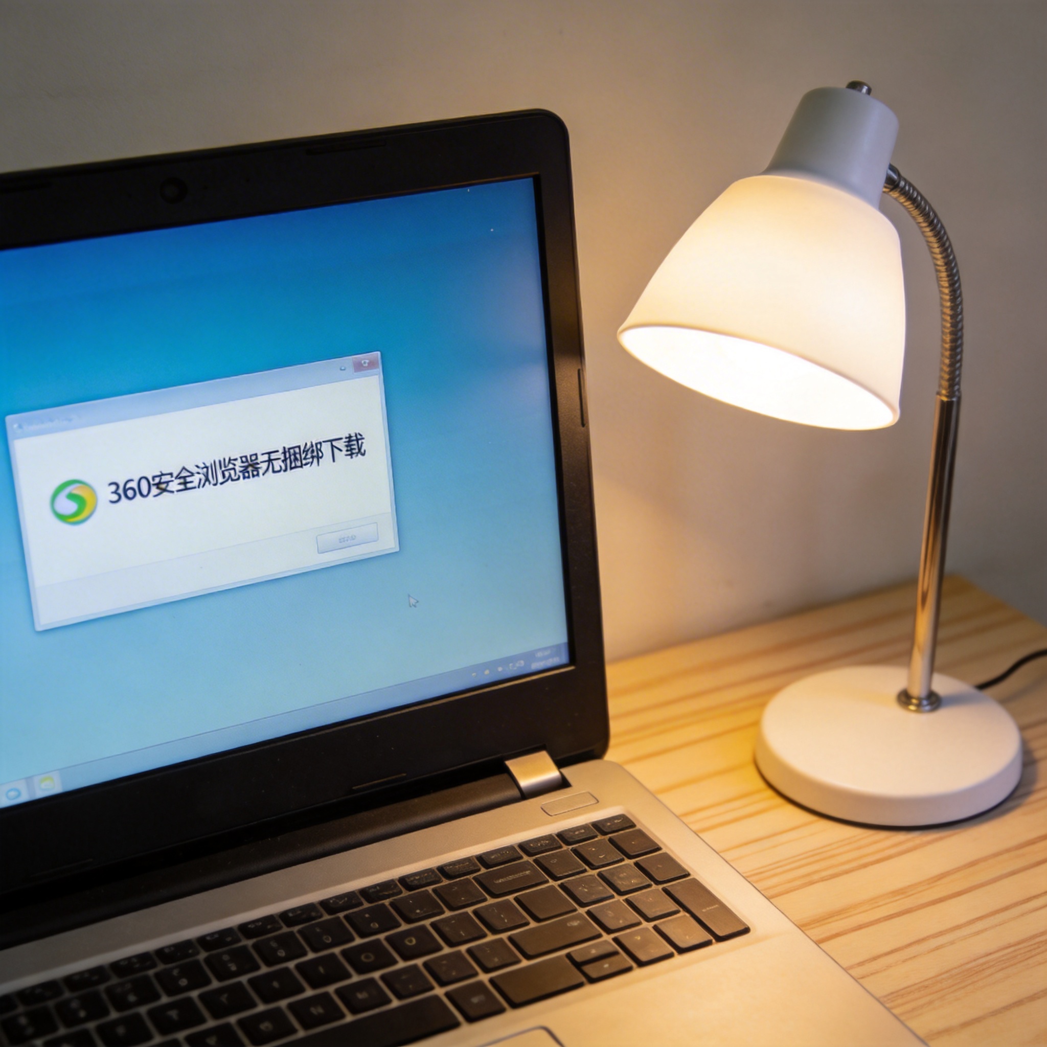 电脑桌上的电脑，屏幕显示360 安全浏览器无捆绑下载窗口，旁边放着台灯
