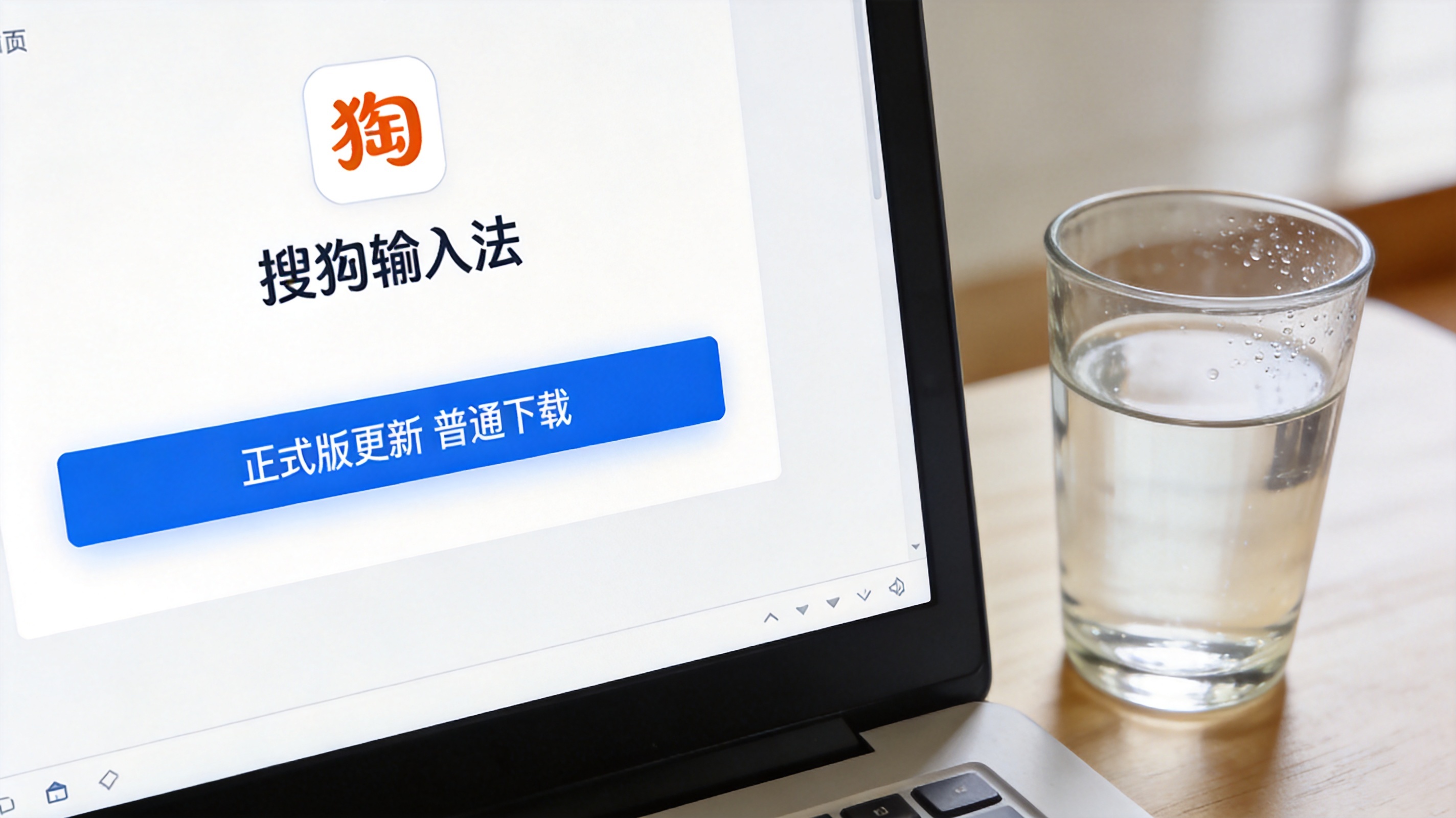 电脑桌面，屏幕显示搜狗输入法官网页面，页面上有正式版更新的普通下载按钮，旁边放着半杯凉白开，室内自然光
