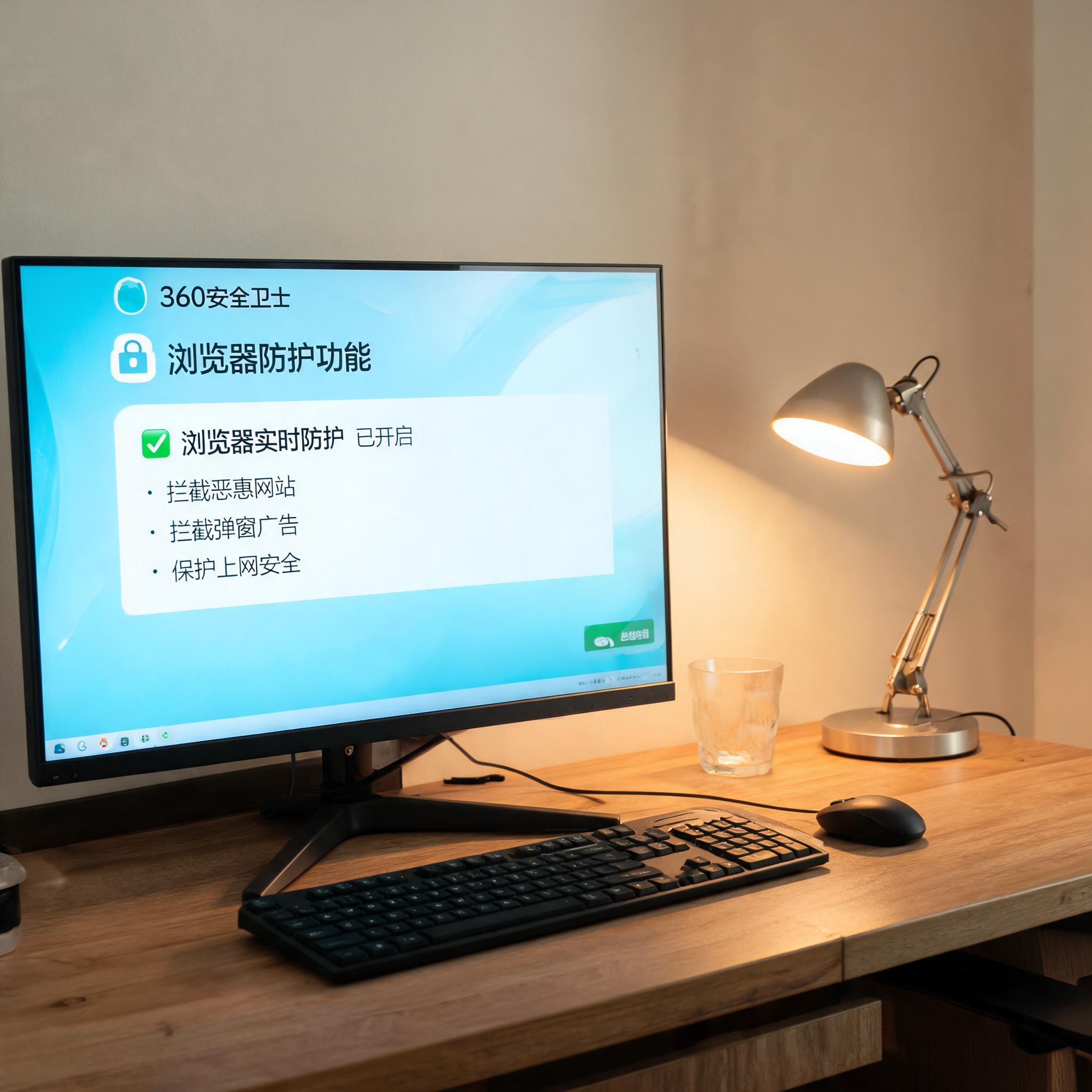 电脑桌上的电脑，屏幕显示360 卫士浏览器防护功能界面，旁边放着台灯