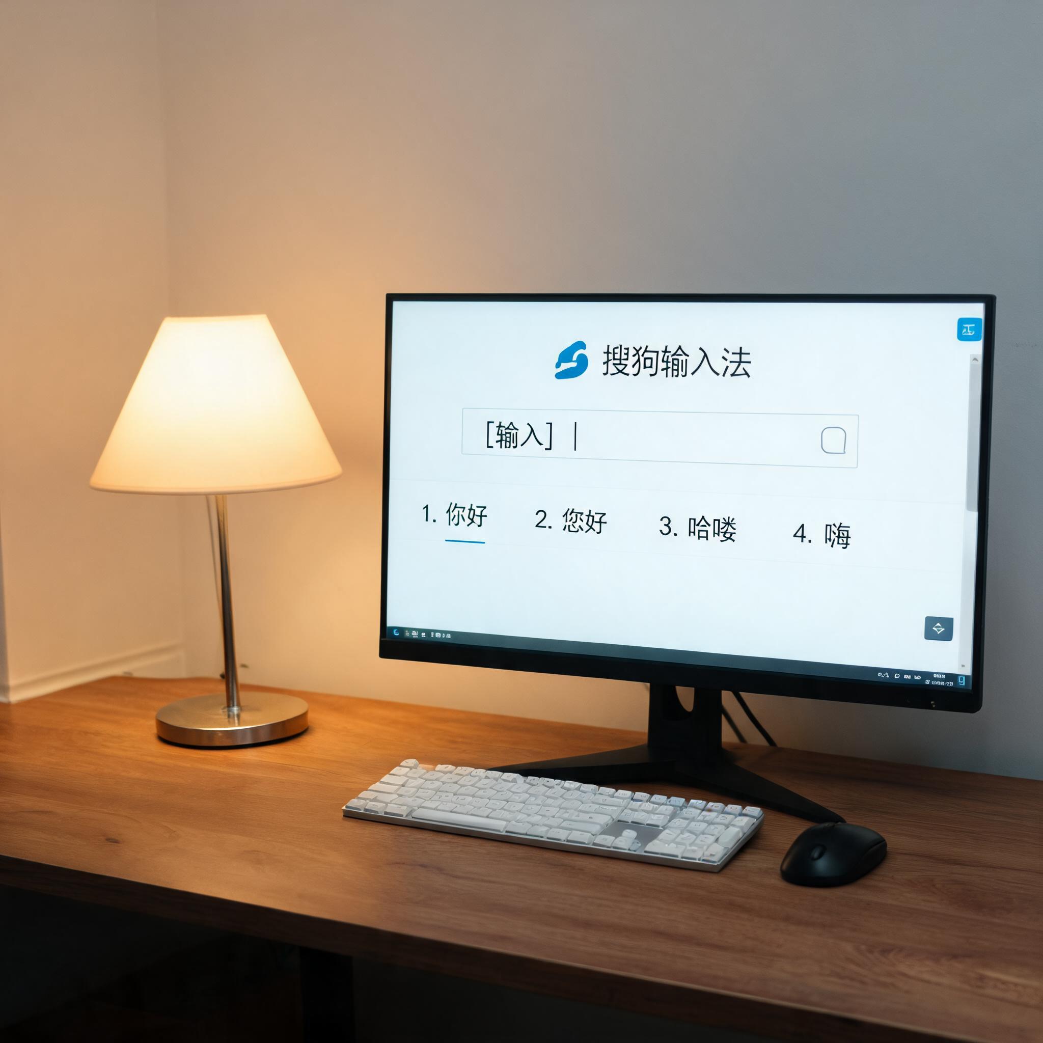 电脑桌上的电脑，屏幕显示输入法界面，旁边放着台灯