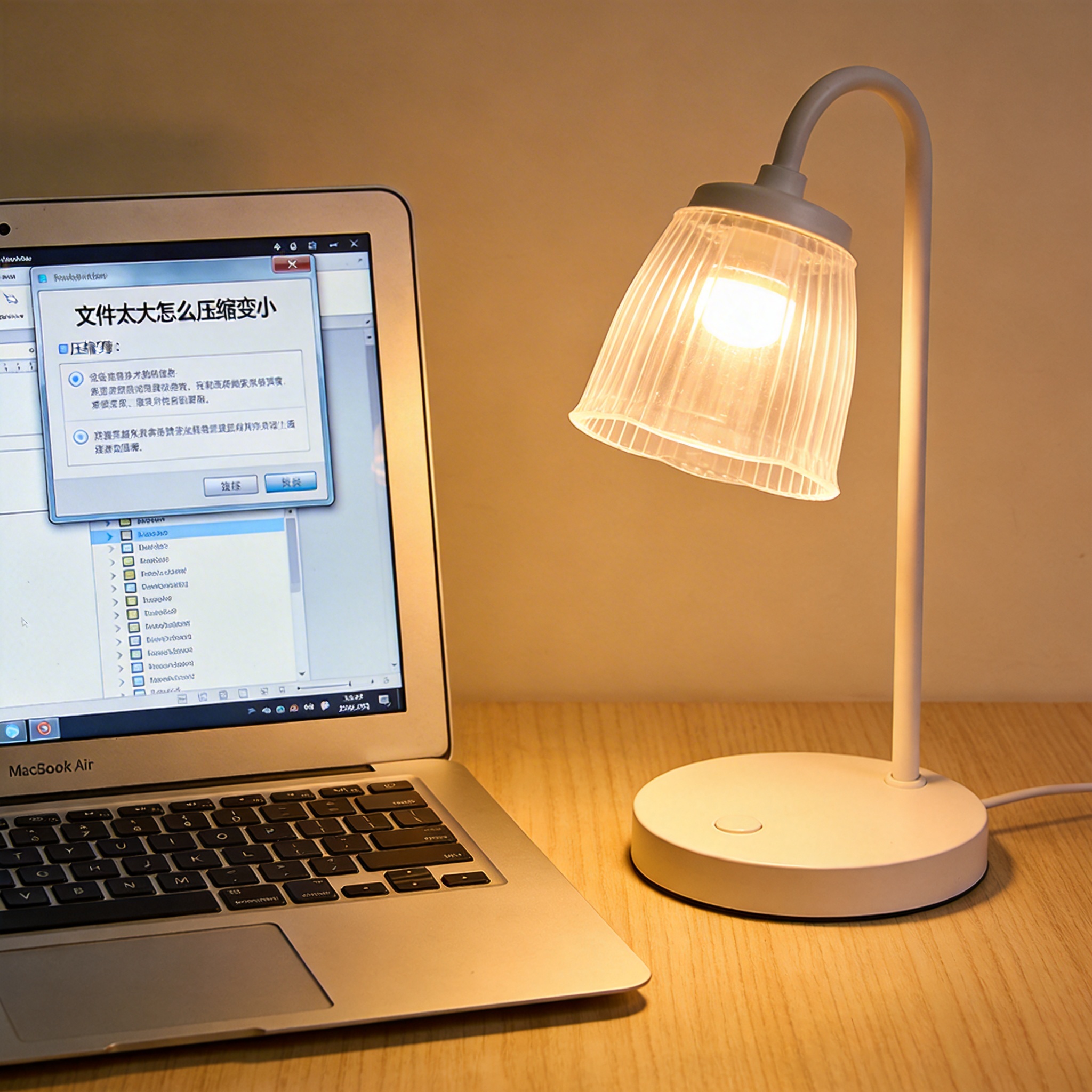 电脑桌上的电脑，屏幕显示文件太大怎么压缩变小界面，旁边放着台灯
