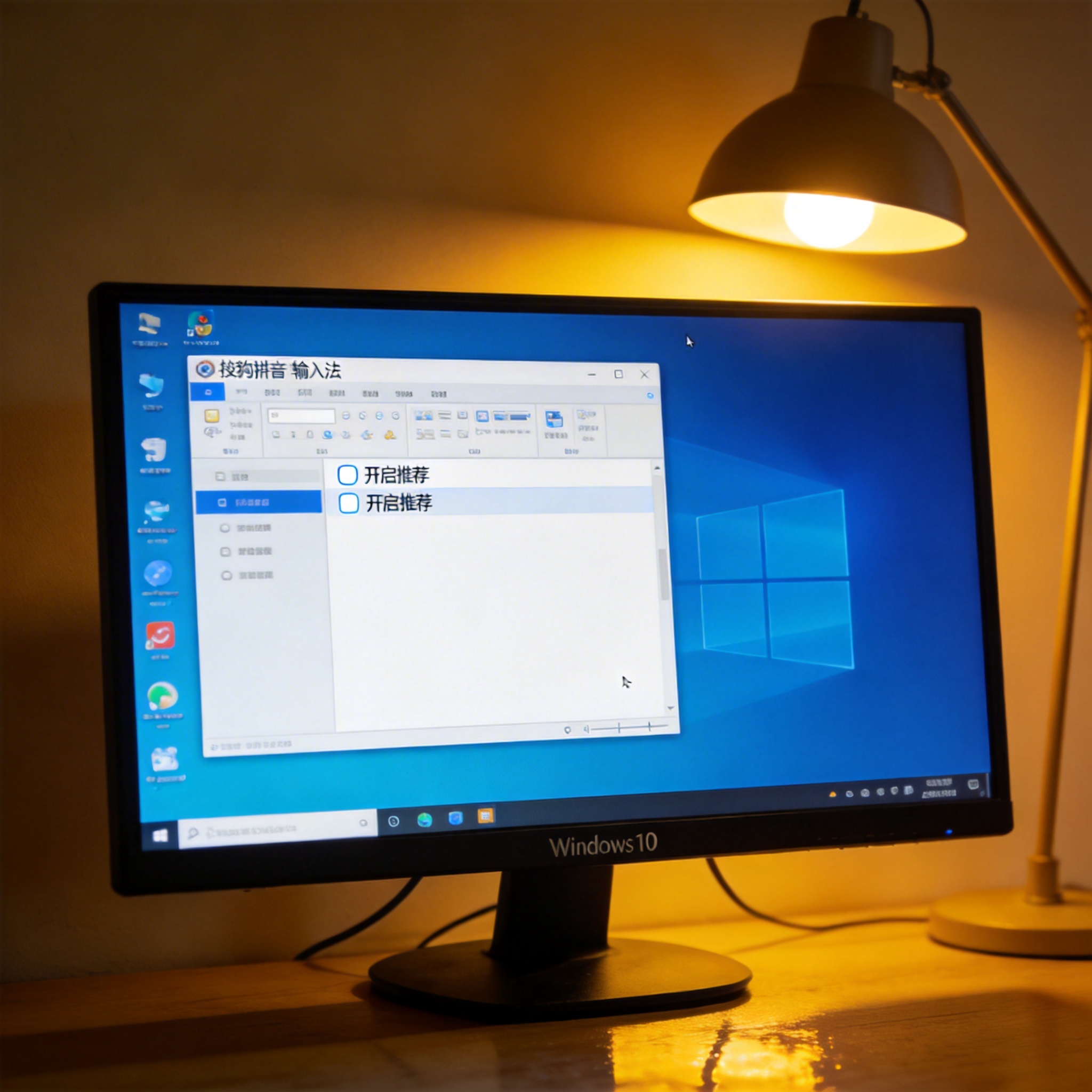 书桌的Windows10系统电脑，屏幕显示搜狗拼音输入法的高级设置界面，取消勾选“开启推荐”选项，台灯光线