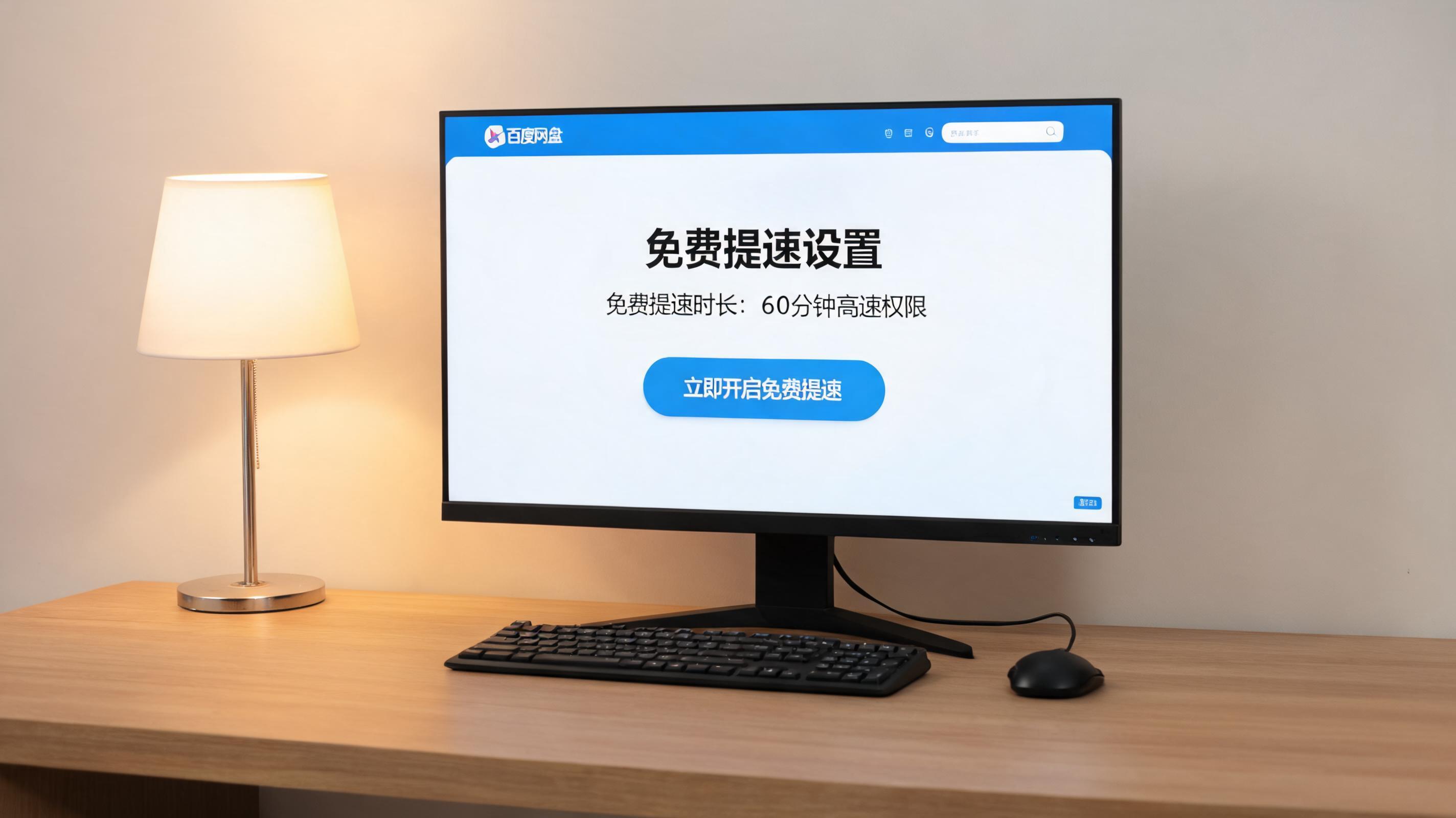 电脑桌上的电脑，屏幕显示百度网盘免费提速设置界面，旁边放着台灯