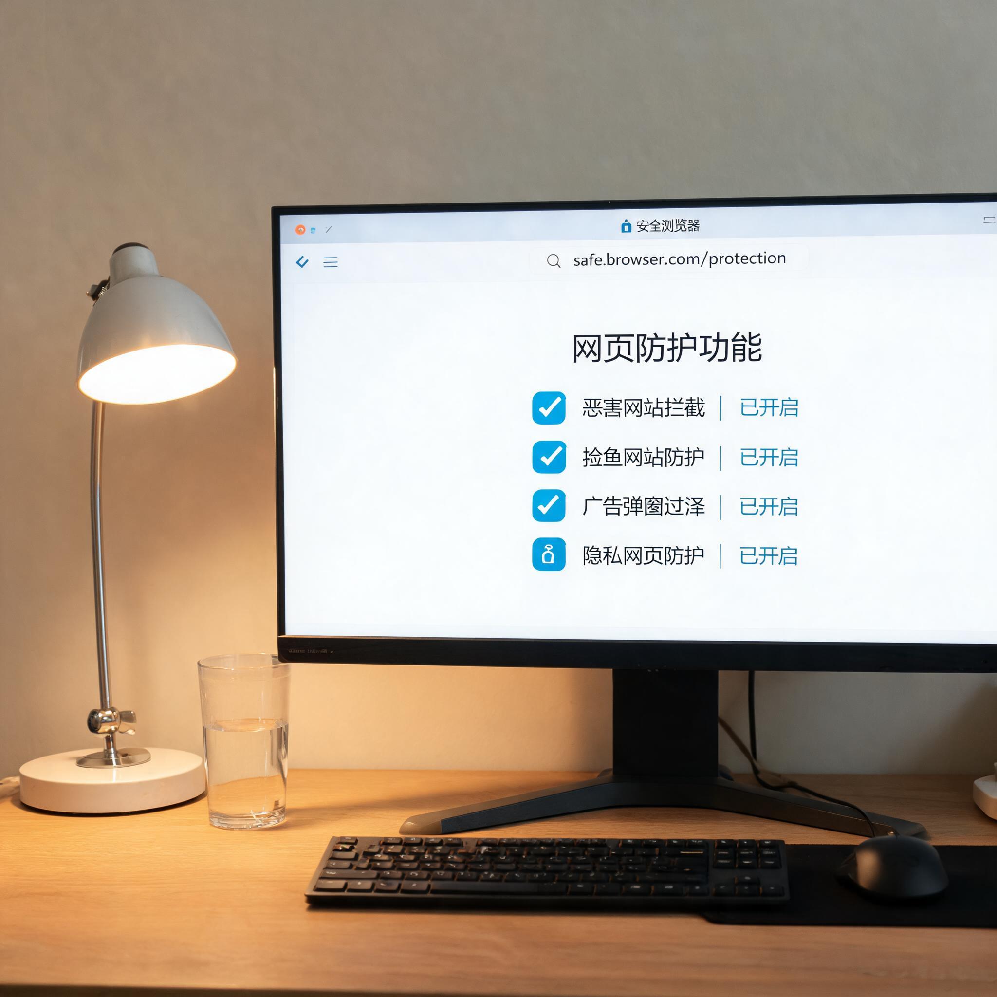 电脑桌上的电脑，屏幕显示安全浏览器网页防护功能界面，旁边放着台灯