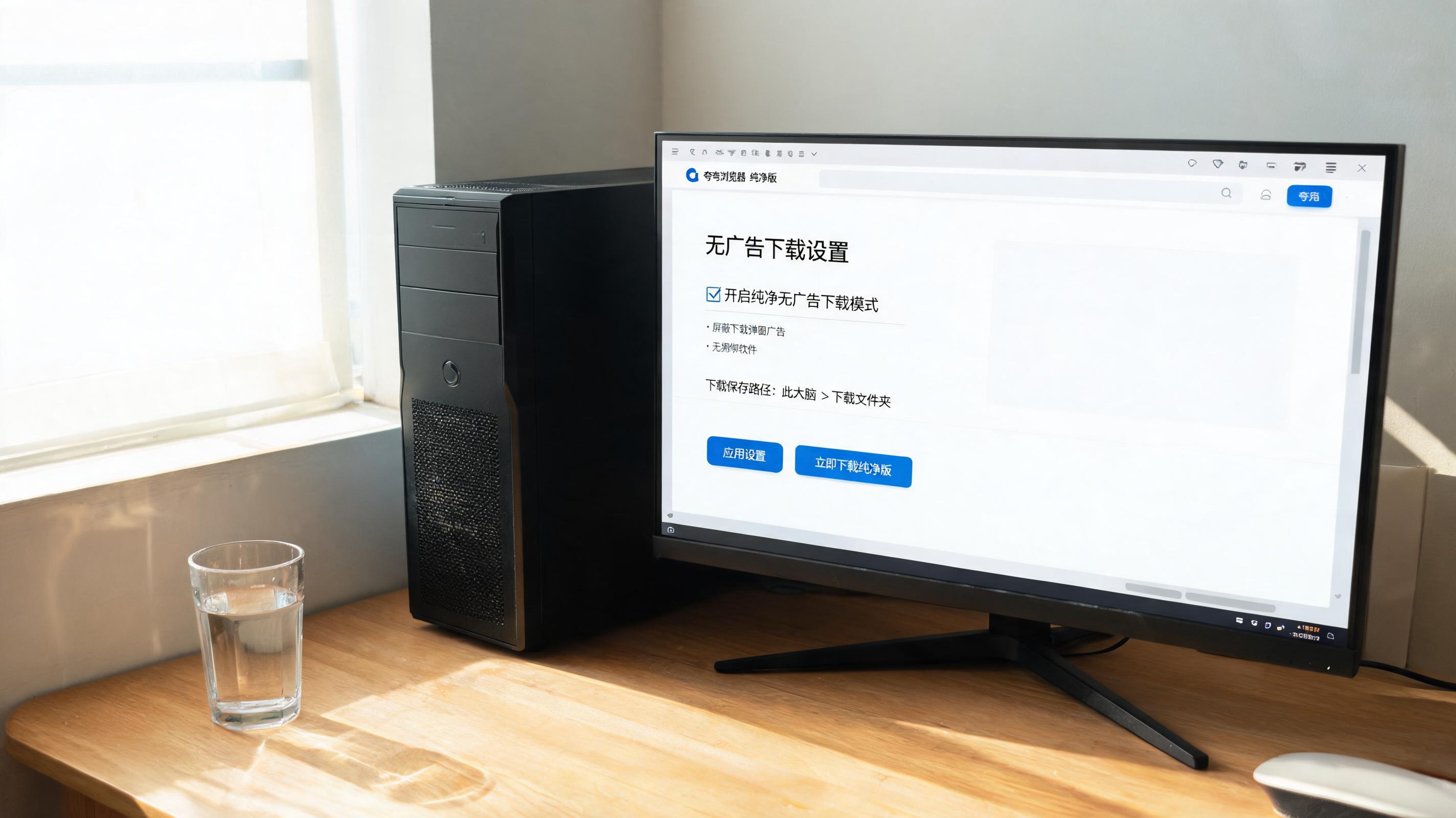 书桌上的主机，屏幕显示夸克浏览器纯净版无广告下载设置界面，桌角放着水杯，自然光