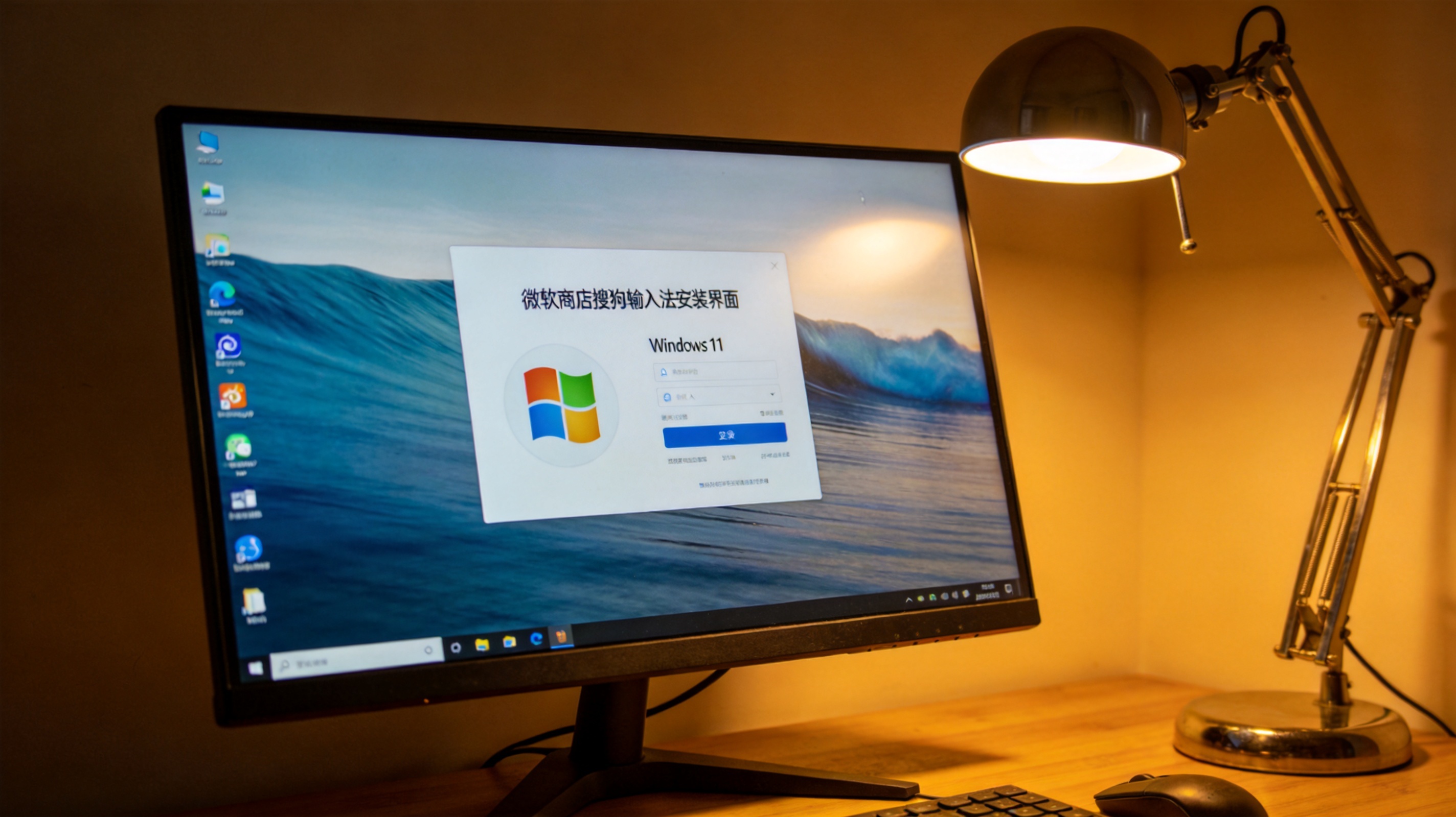 书桌的Windows11系统电脑，屏幕显示微软商店搜狗输入法安装界面，桌面有台灯，暖光照射桌面