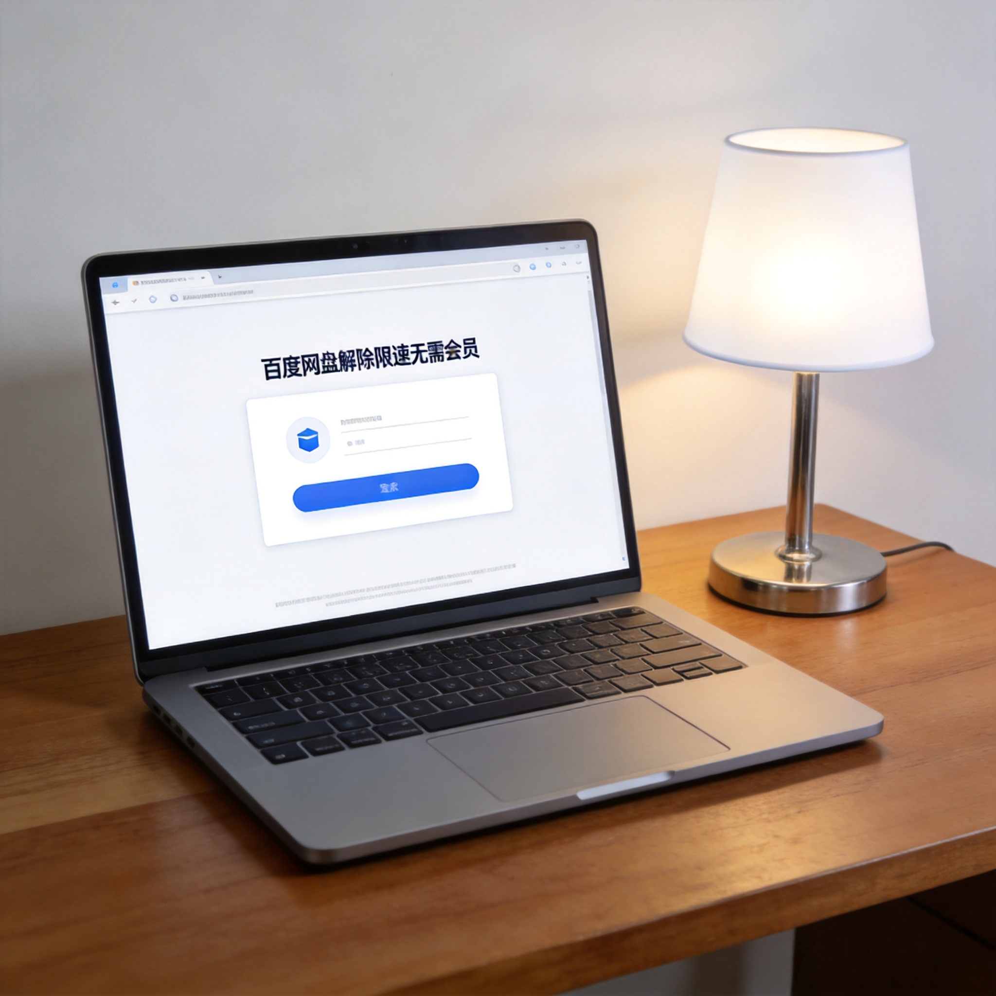 电脑桌上的电脑，屏幕显示百度网盘解除限速无需会员界面，旁边放着台灯