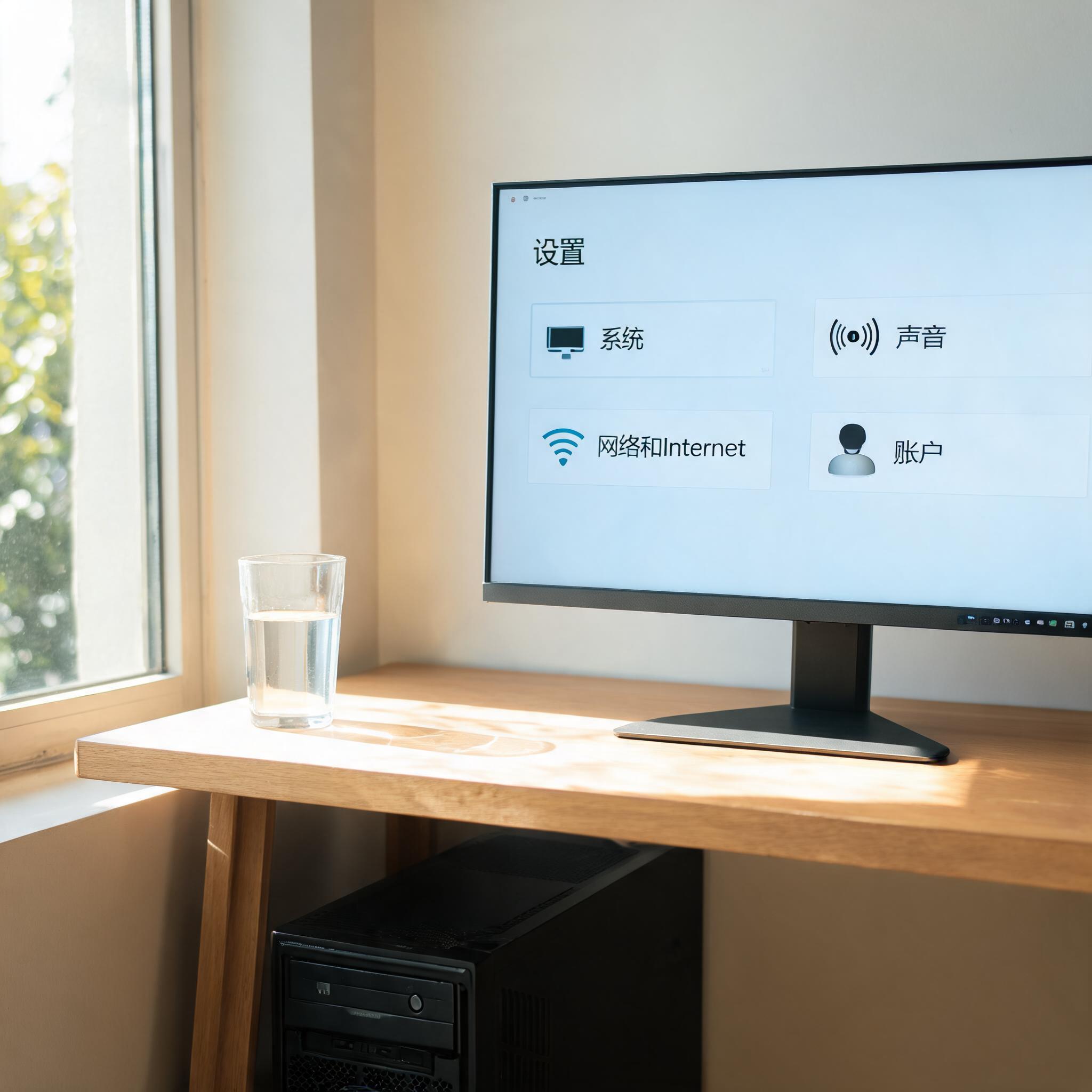 书桌上的主机，屏幕显示Windows设置界面，桌角放着水杯，自然光