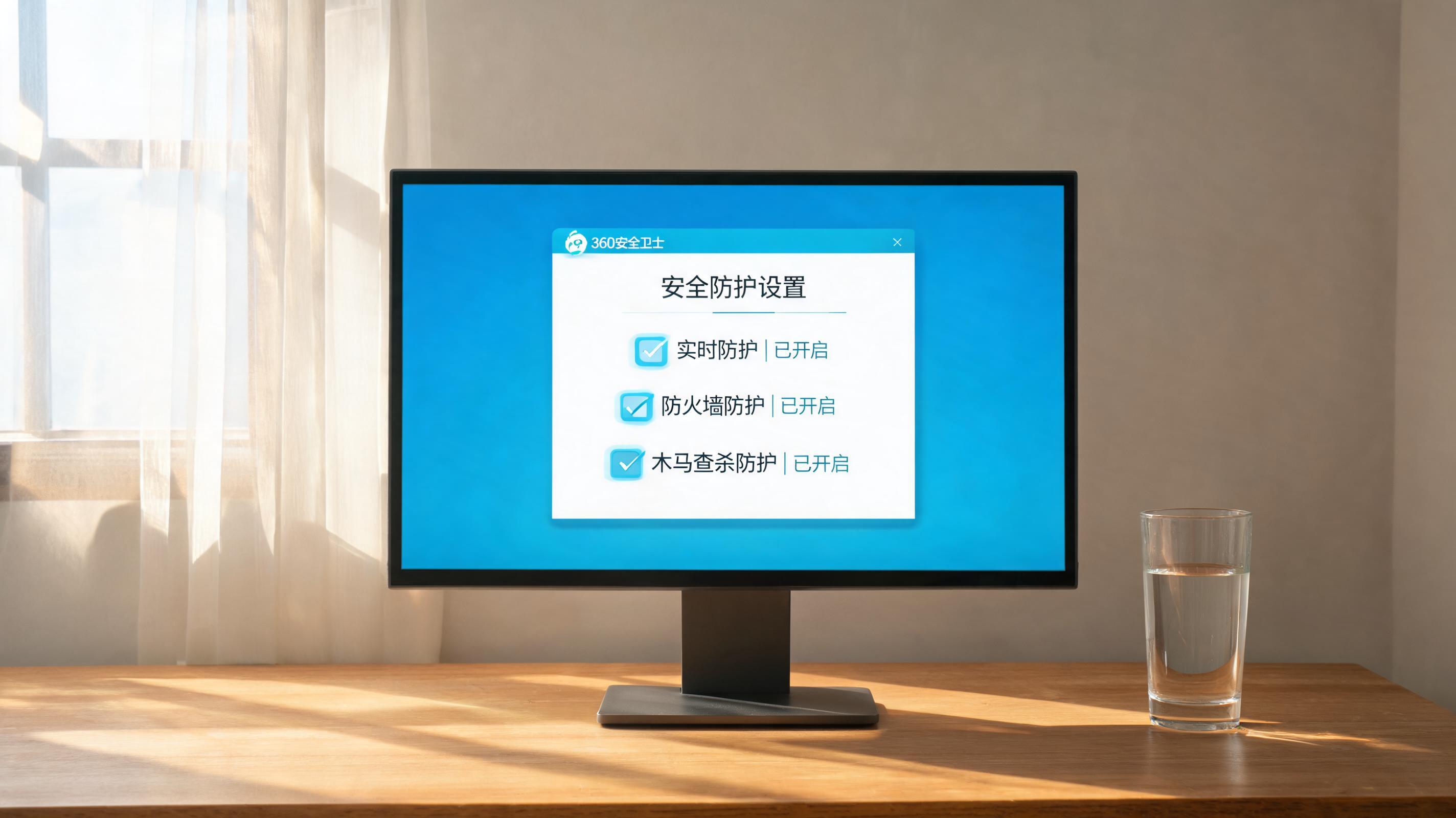 书桌上的电脑，屏幕显示360 卫士怎么开启安全防护设置界面，桌角放着水杯，自然光