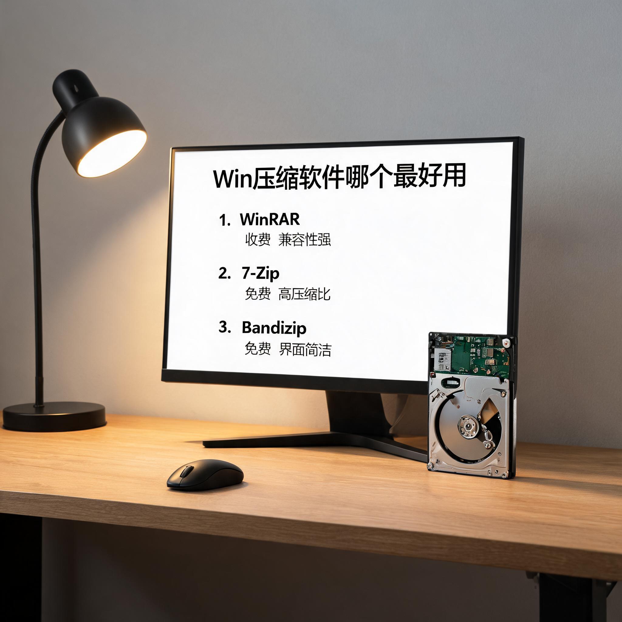 电脑桌上的硬盘，屏幕显示win 压缩软件哪个最好用界面，旁边放着台灯