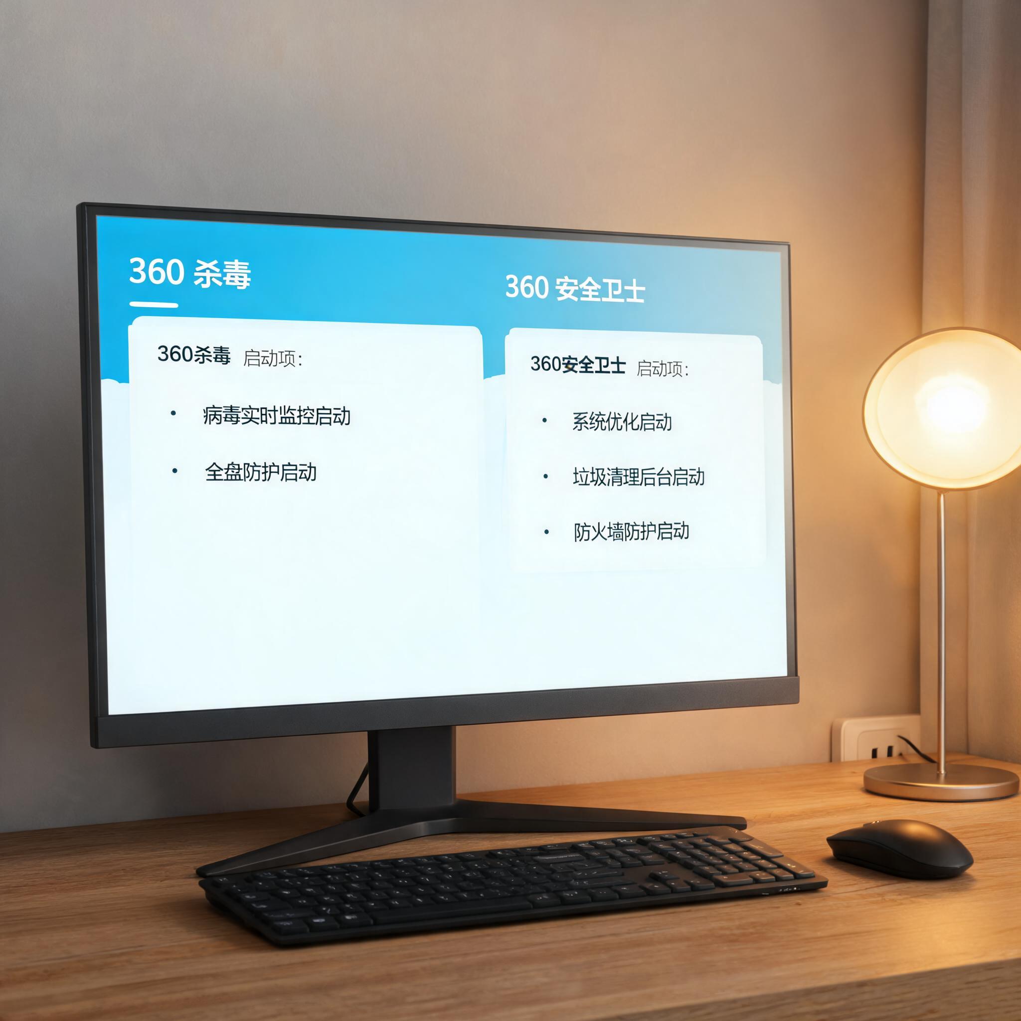 电脑桌上的电脑，屏幕显示360 杀毒和 360 安全卫士区别启动项，旁边放着台灯