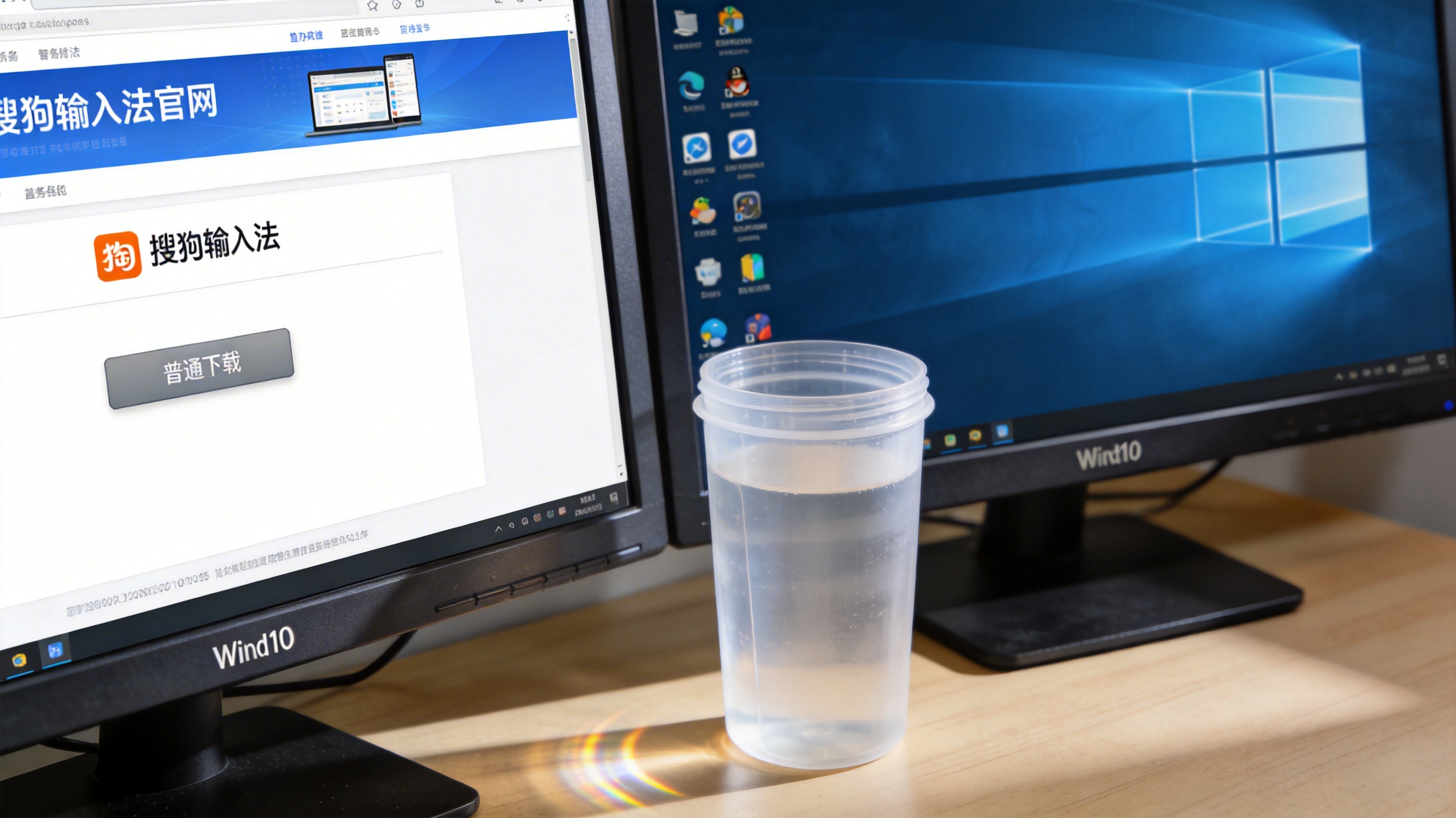 电脑桌的Win10系统电脑，屏幕显示搜狗输入法官网页面，灰色普通下载按钮在页面中部，旁边放着半透明塑料水杯，室内自然光